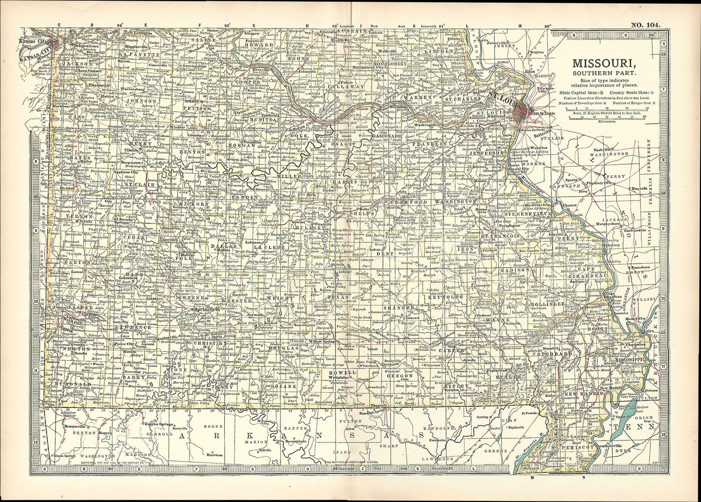 Missouri antique map Southern Part Encyclopaedia Britannica 1903
