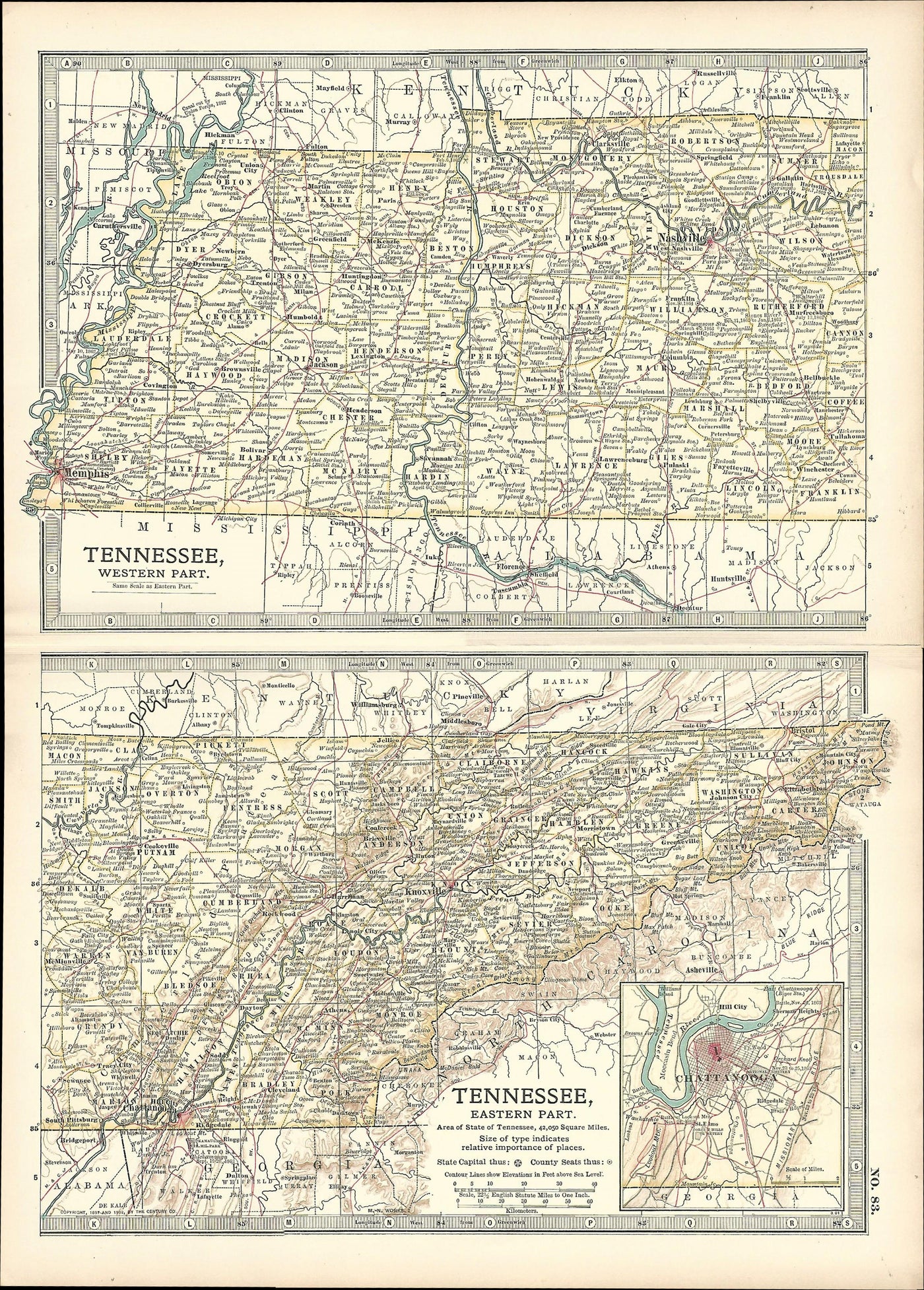 Tennessee antique map 1903 from Encyclopaedia Britannica 10th Editiion
