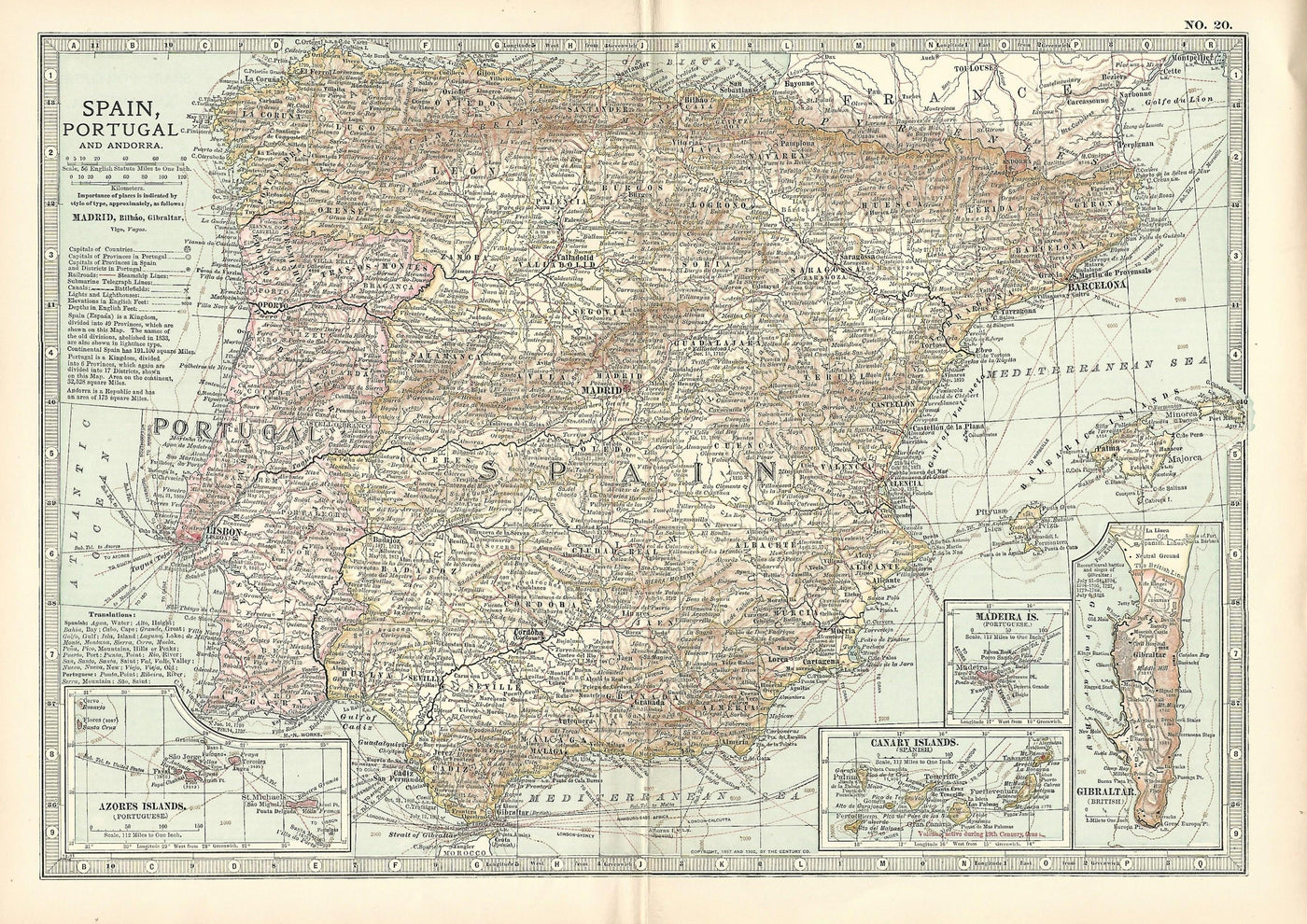 Antique map of Spain, Portugal & Andorra, Encyclopaedia Britannica No.20, 1903
