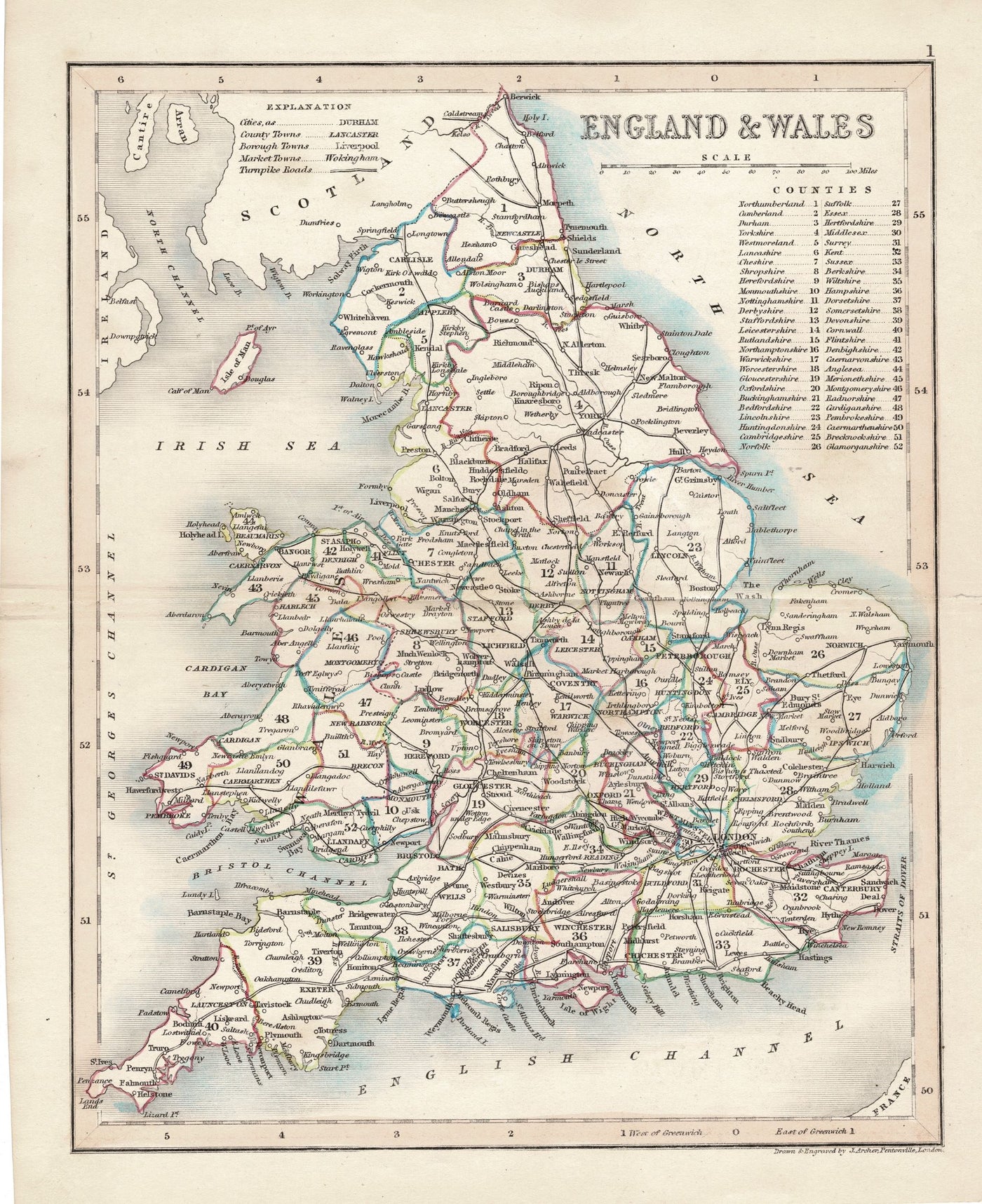 England and Wales counties antique map published 1845