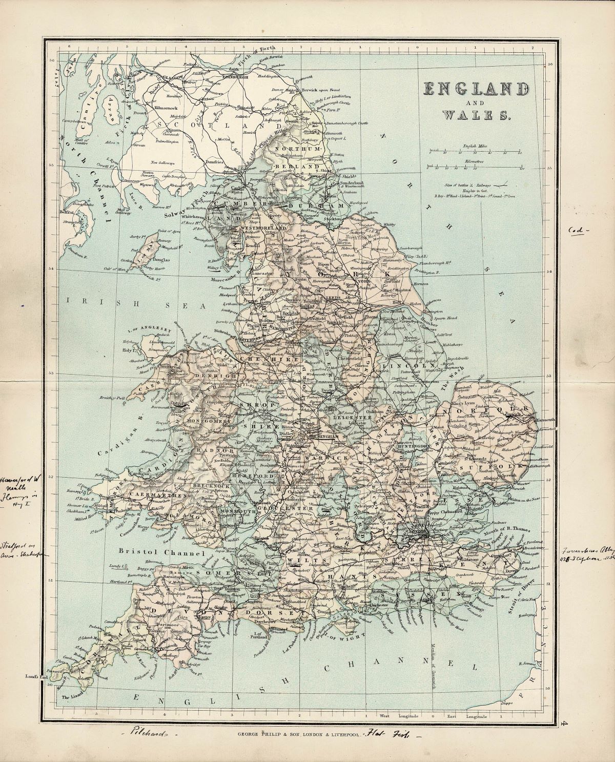 England and Wales, Antique Map, 1886