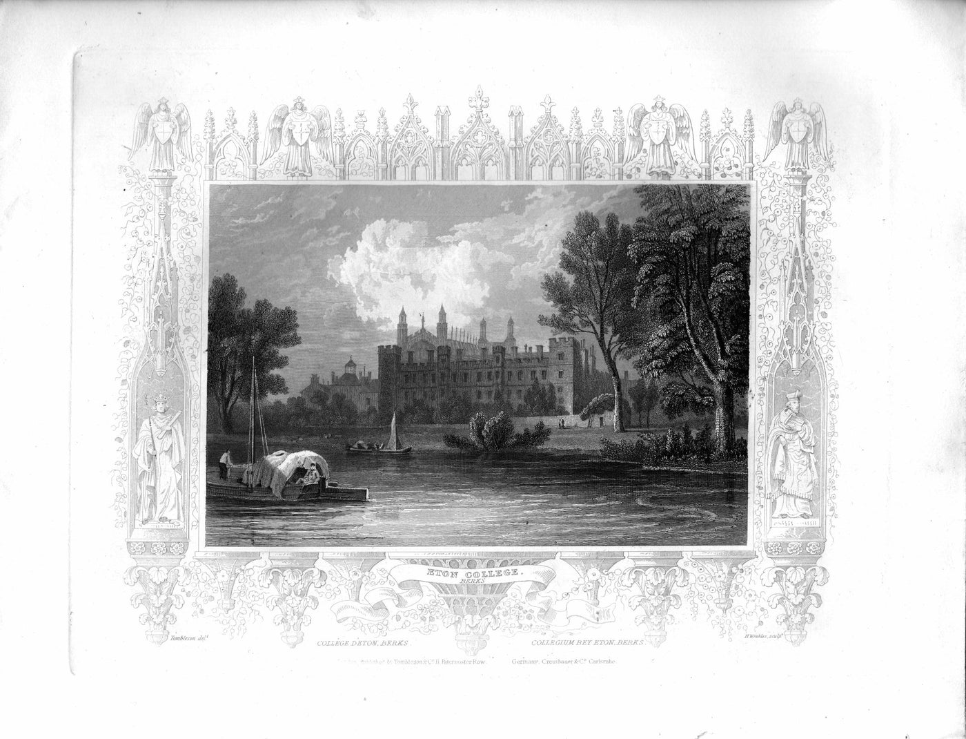 Eton College Berkshire antique print published 1840
