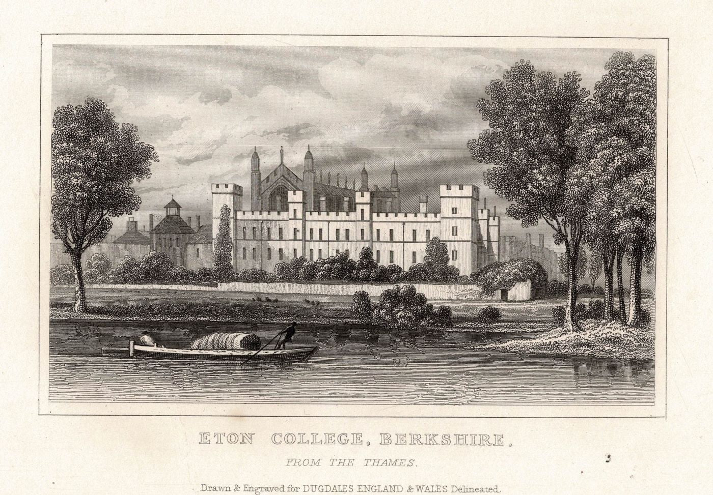 Eton College Berkshire antique print 1845