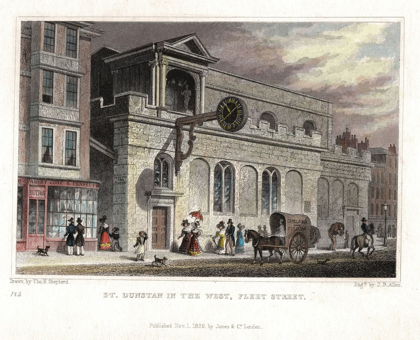 St Dunstan in the West Fleet Street antique print 1830