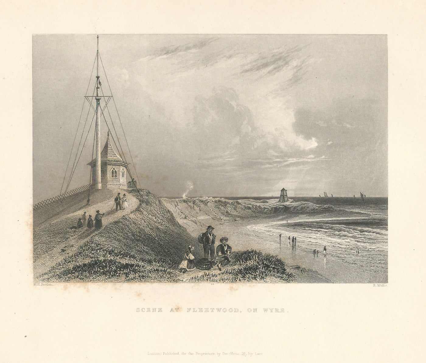 Fleetwood on Wyer Lighthouse Fylde Coast Lancashire antique print 1844