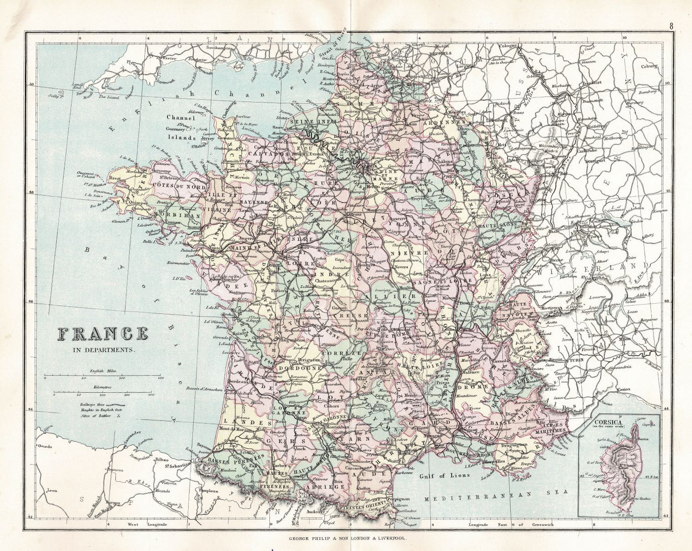 France in Departments antique map, 1891