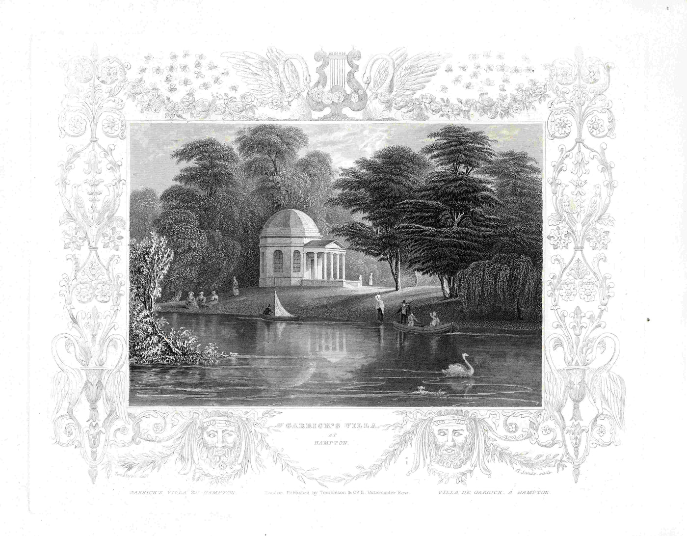 Garrick's villa at Hampton, Richmond upon Thames Middlesex antique print 1840