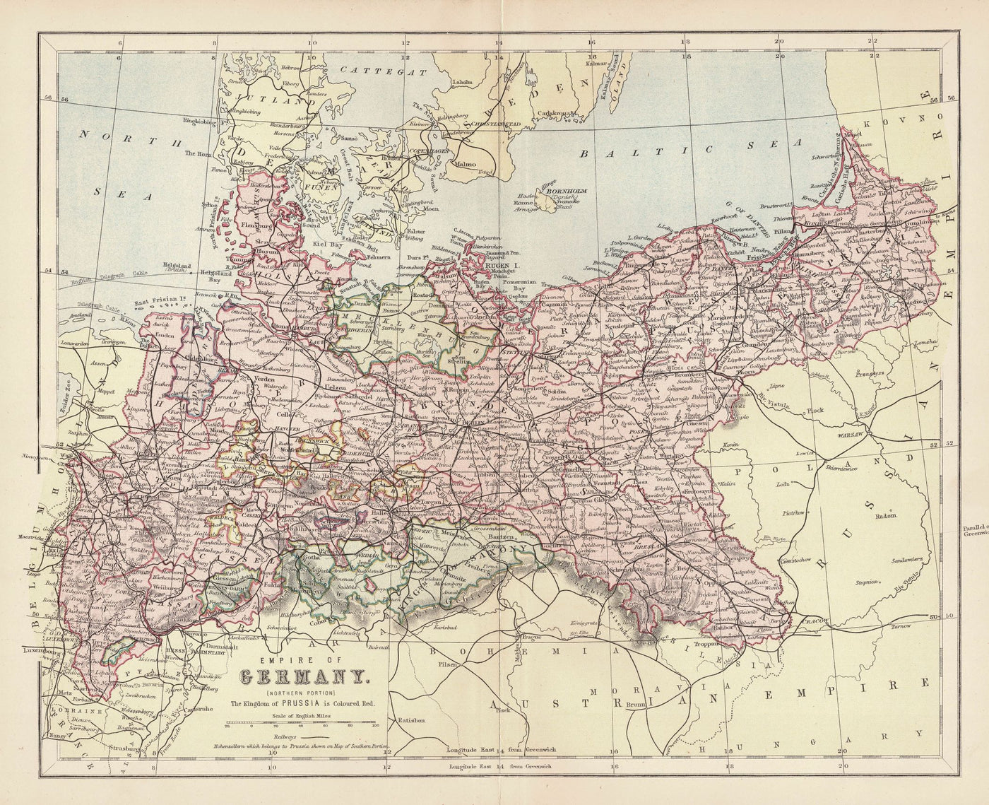 German Empire northern portion Prussia in red antique map 1879