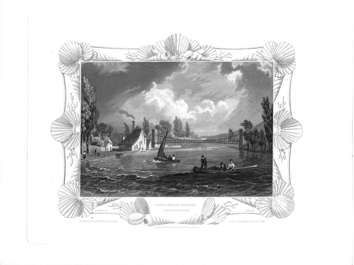 Great Marlow Suspension Bridge across the River Thames antique print 1840