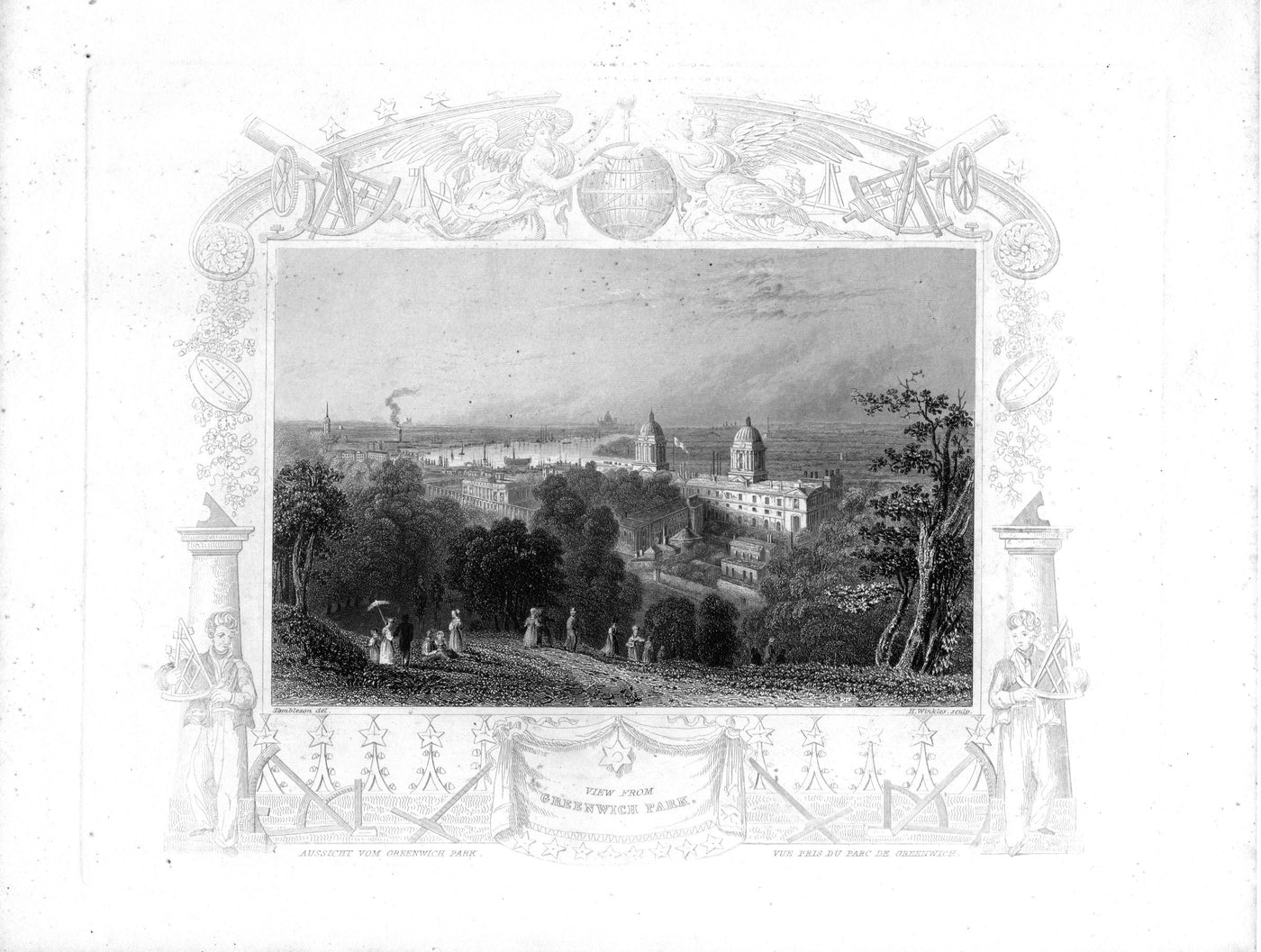 Greenwich Park looking towards the City of London antique print 1840