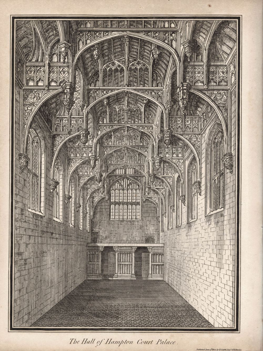 Hampton Court Palace Hall antique print published 1811