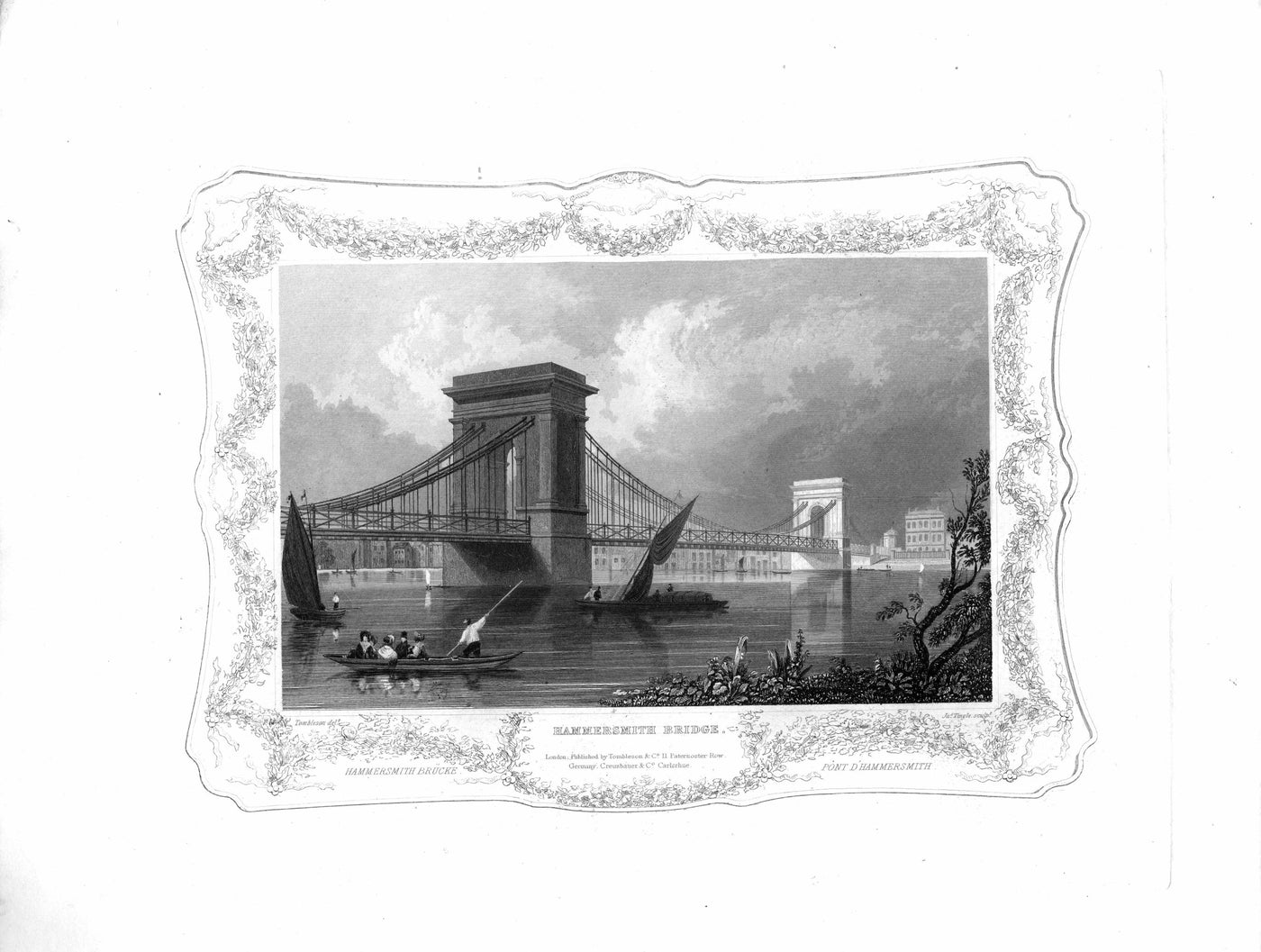 Hammersmith Bridge spanning the River Thames antique print 1840
