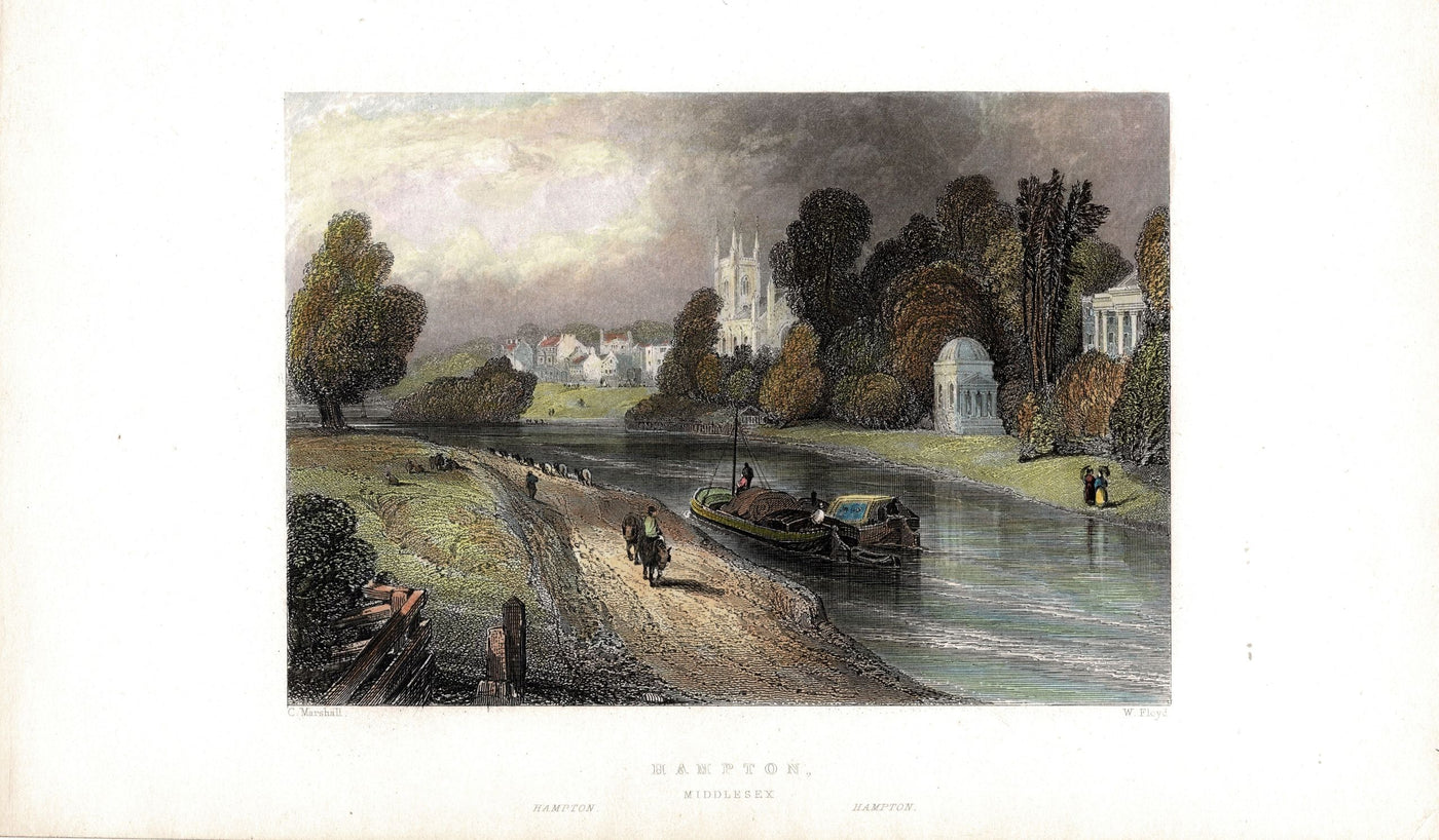 Hampton Middlesex on the River Thames antique print 1838