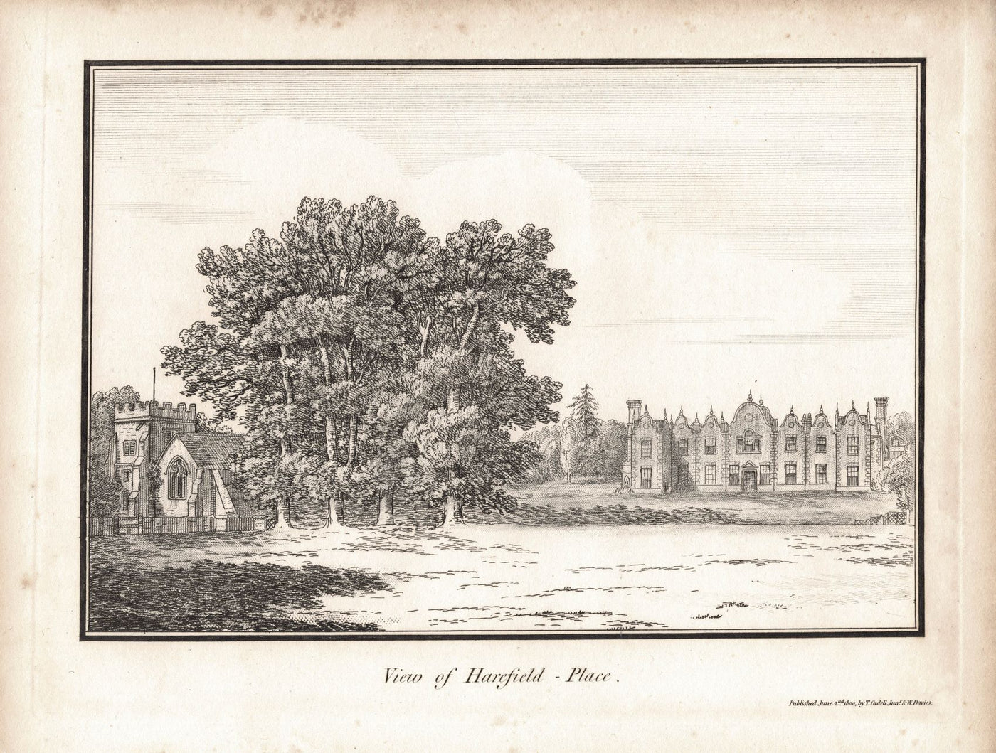 Harefield Place & St Mary's Parish Church near Uxbridge antique print 1811