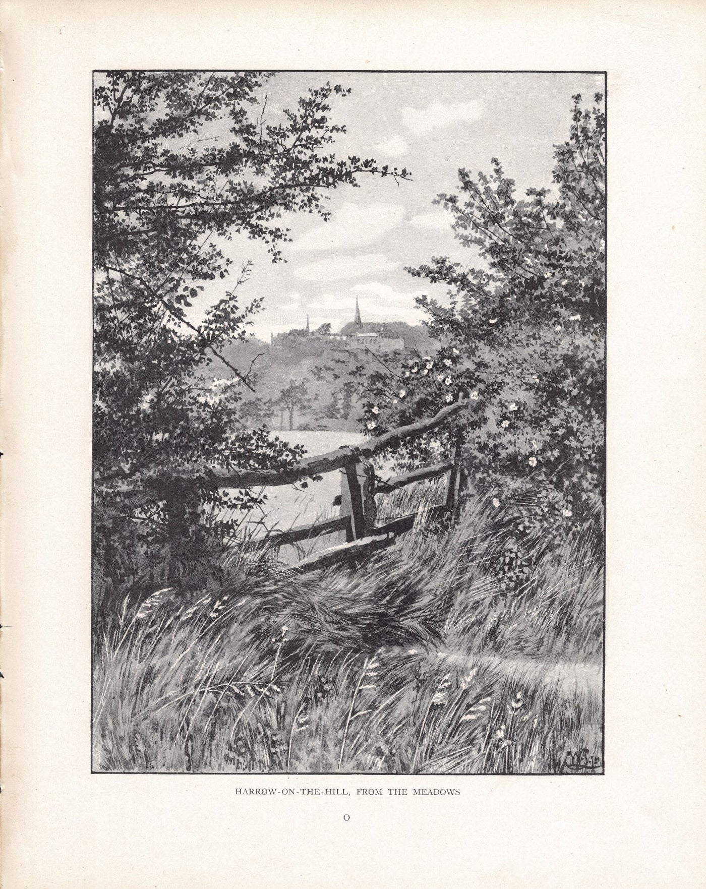 Harrow on the Hill from the meadows antique print 1893