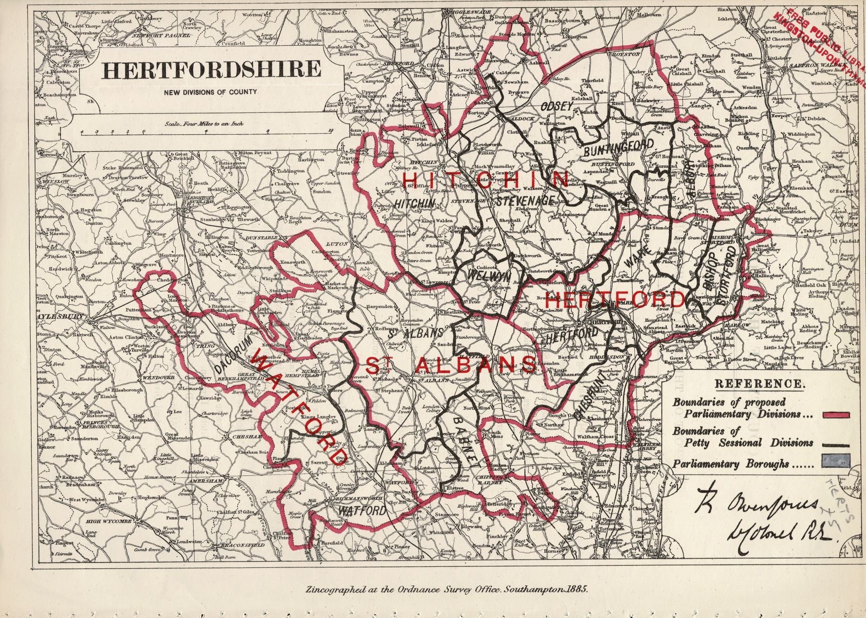 Hertfordshire ex libris Ordnance Survey 1885 Boundary Commission antiq ...