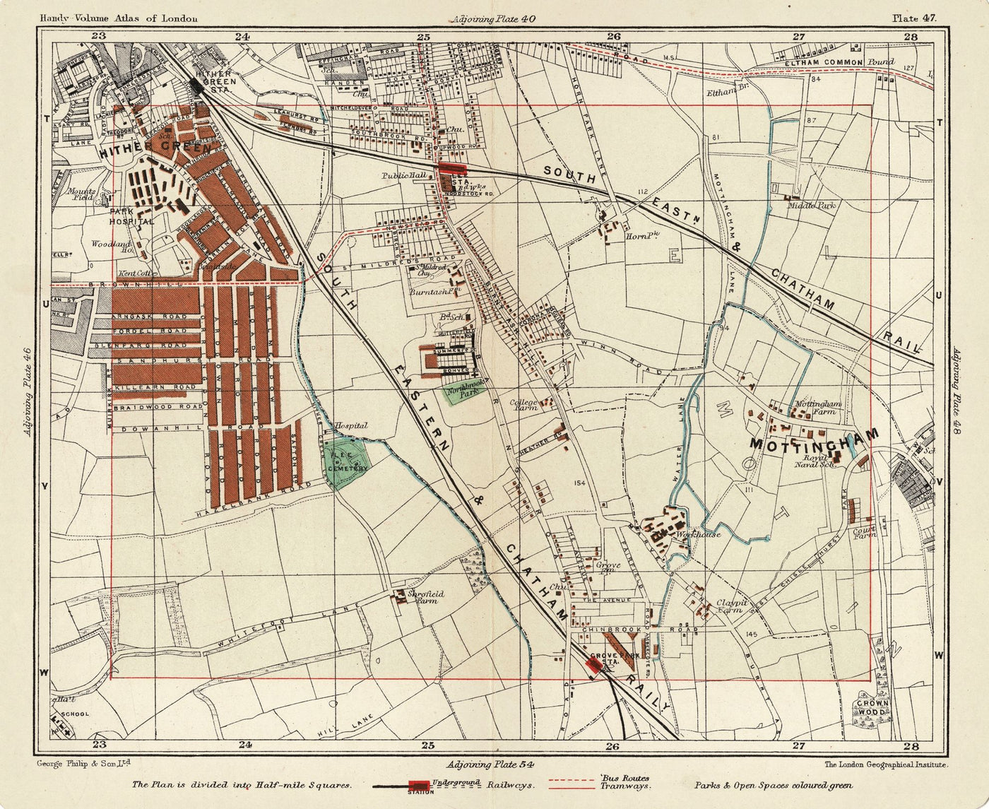 Hither Green, Mottingham, Grove Park antique map 1907