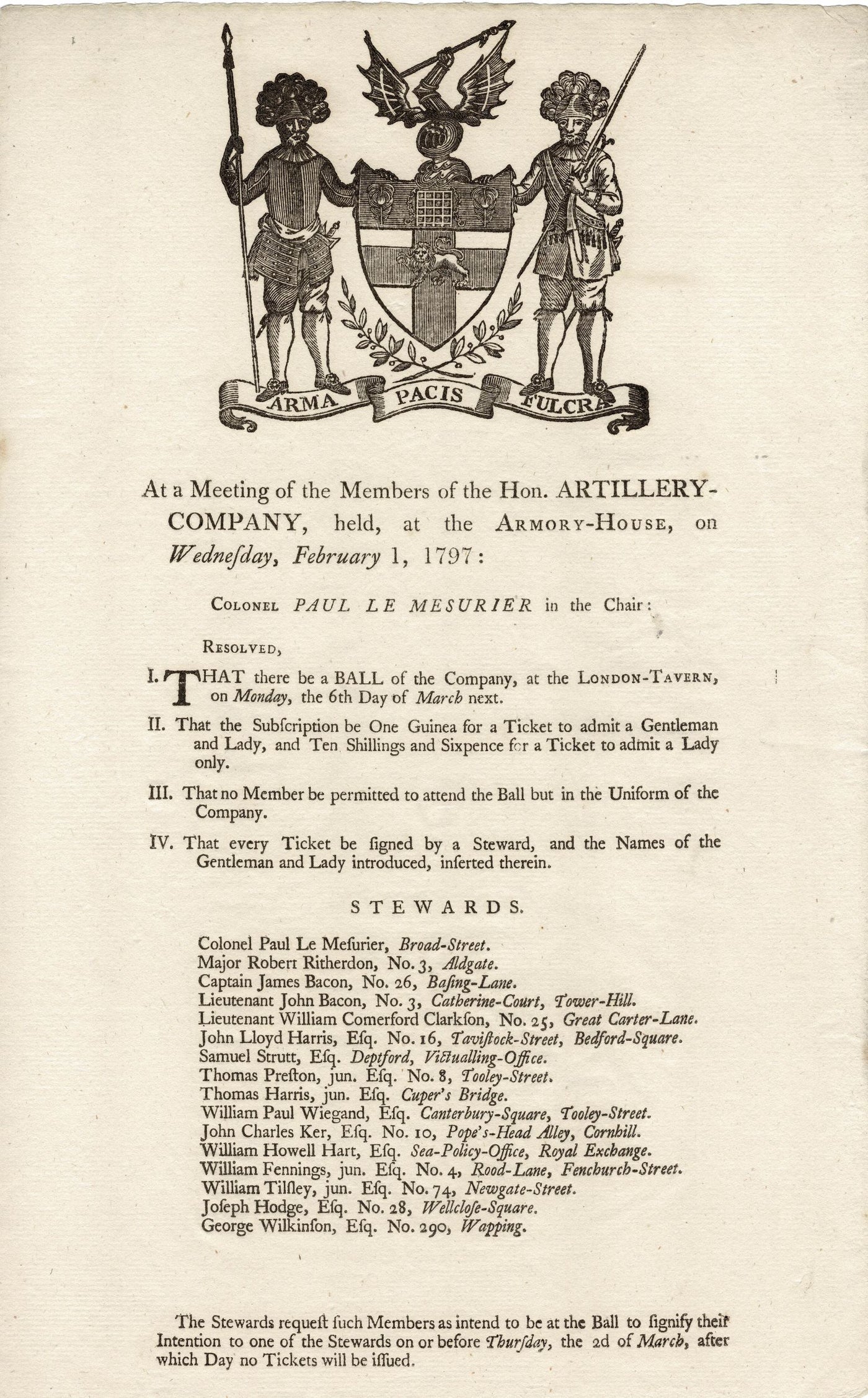 Honourable Artillery Company (HAC) summons to a Ball antique ephemera