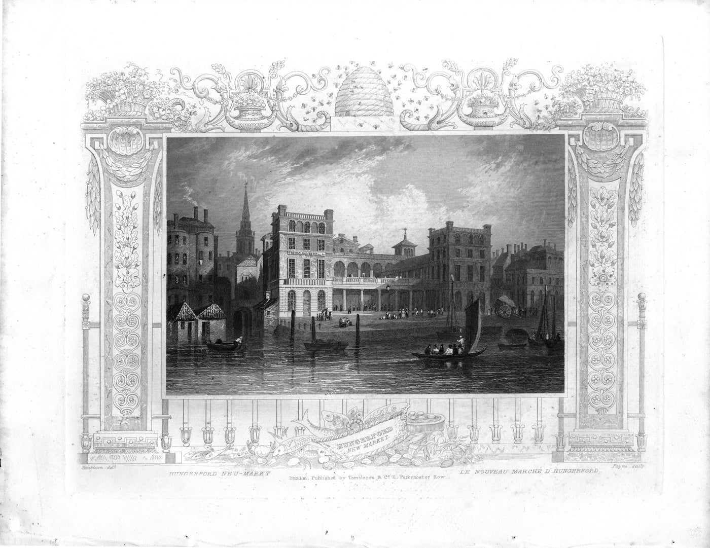 Hungerford New Market on the River Thames antique print 1840