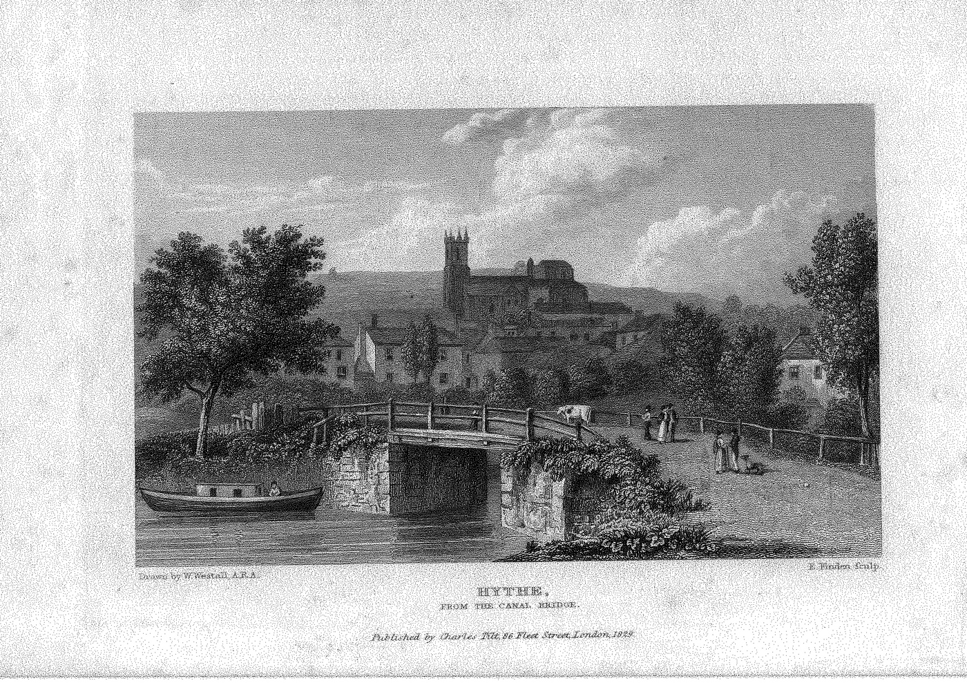 Hythe Kent from the canal bridge antique print c.1830