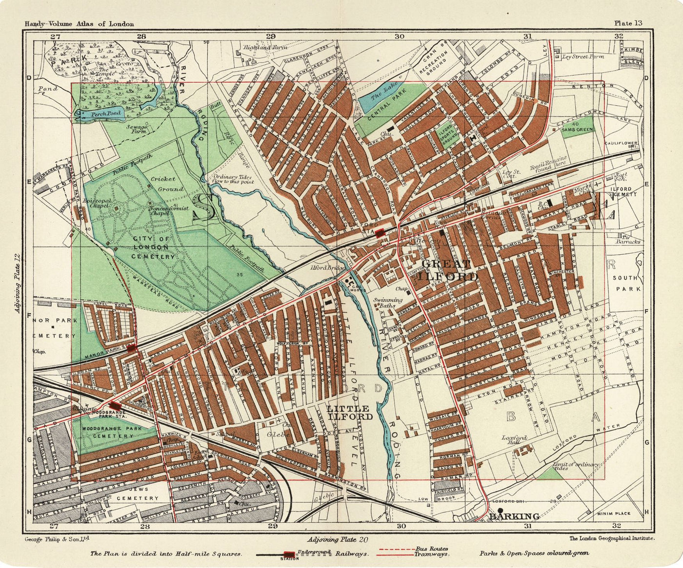 Ilford, Woodgrange Park, City of London Cemetery, River Roding antique map 1907