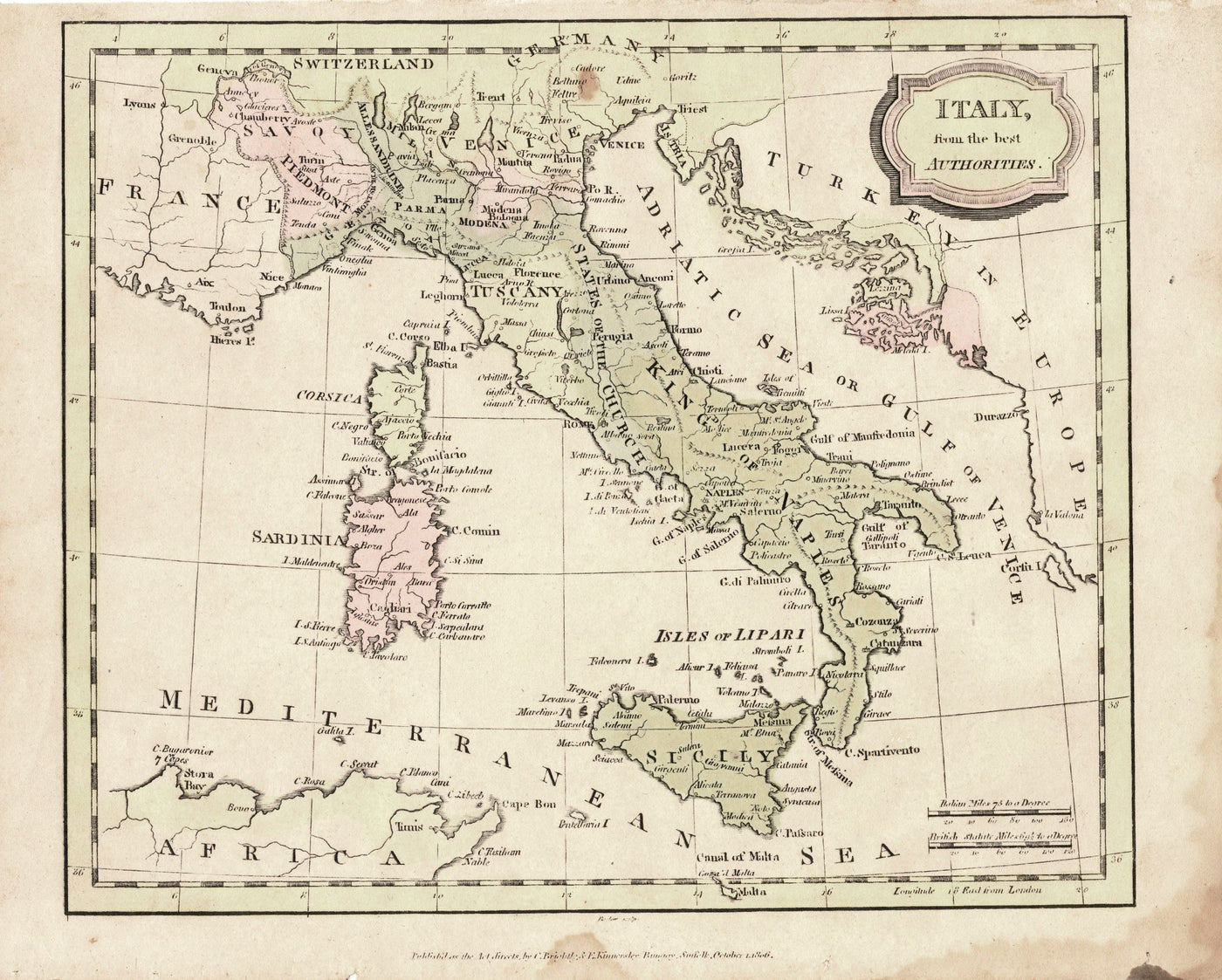 Italy from the Best Authorities antique map 1806