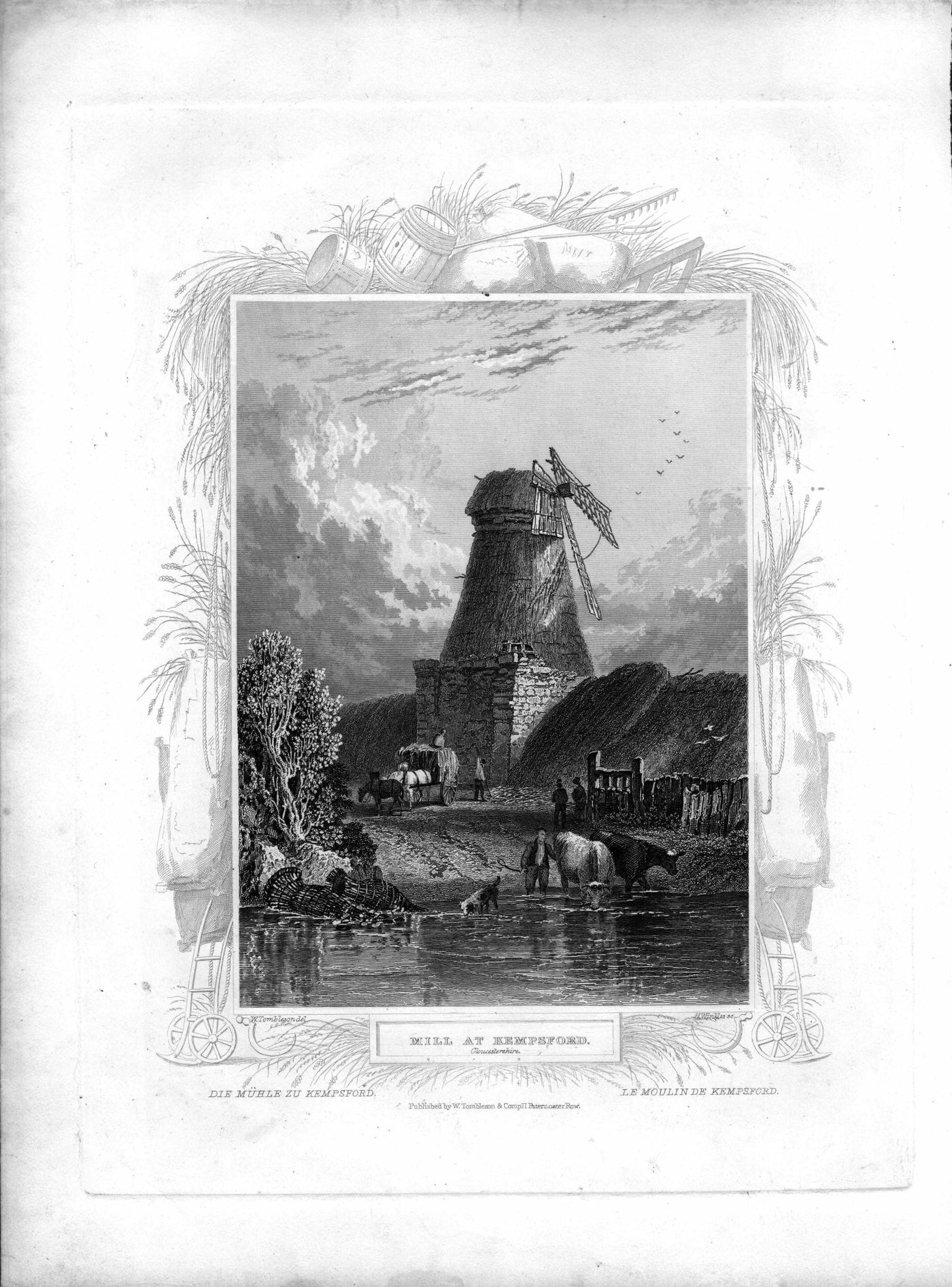 Kempsford Mill on the River Thames in Gloucestershire antique print 1840