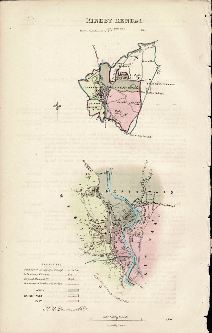 Kirkbie Kendal Ordnance Survey Boundary Commission antique map 1837