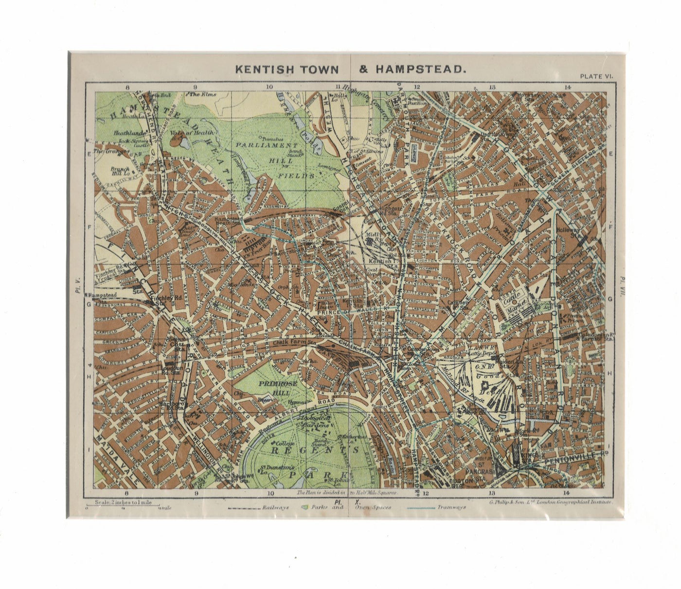 Kentish Town and Hampstead, Antique Map, 1915