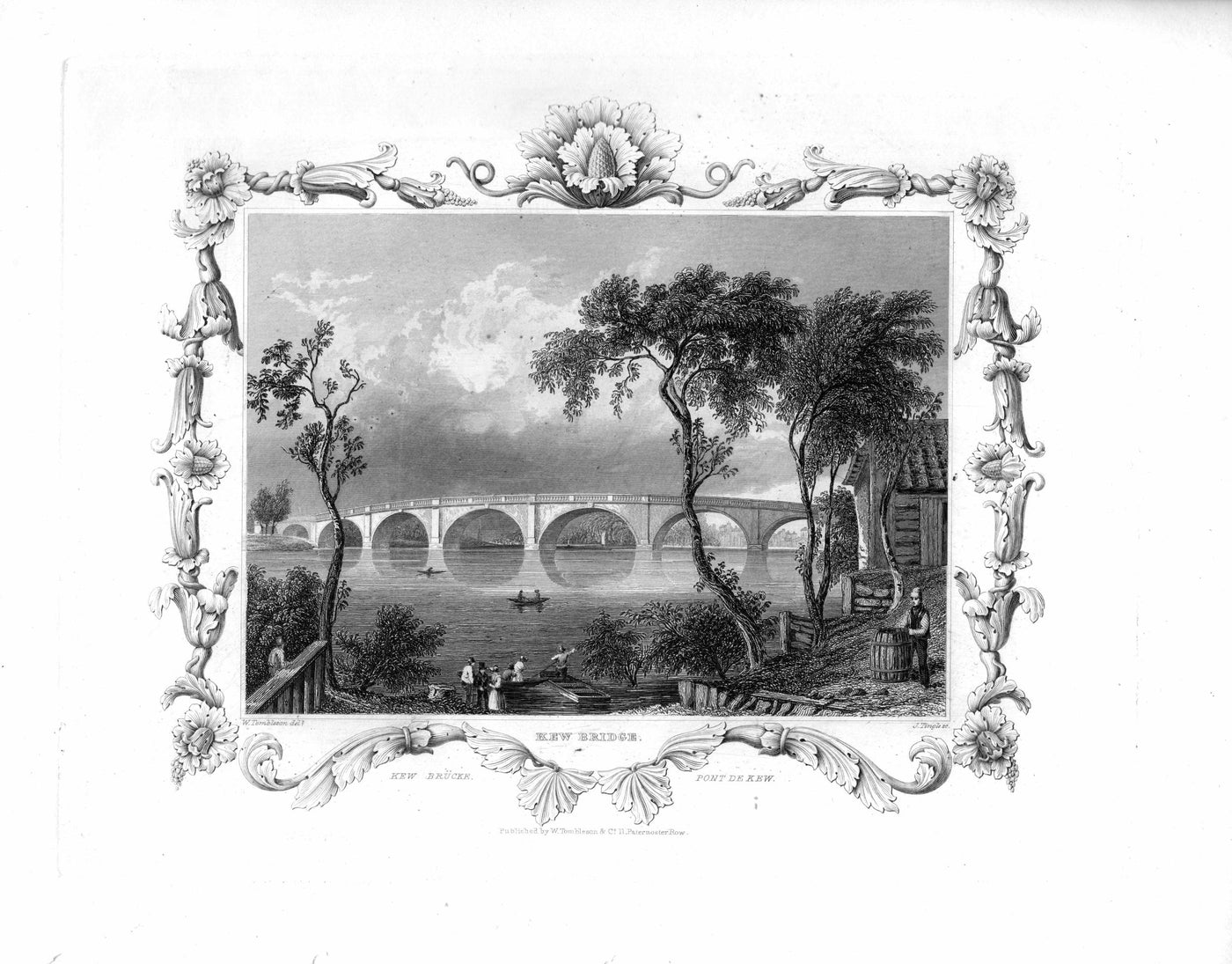Kew Bridge spanning the River Thames from Middlesex to Surrey antique print 1840