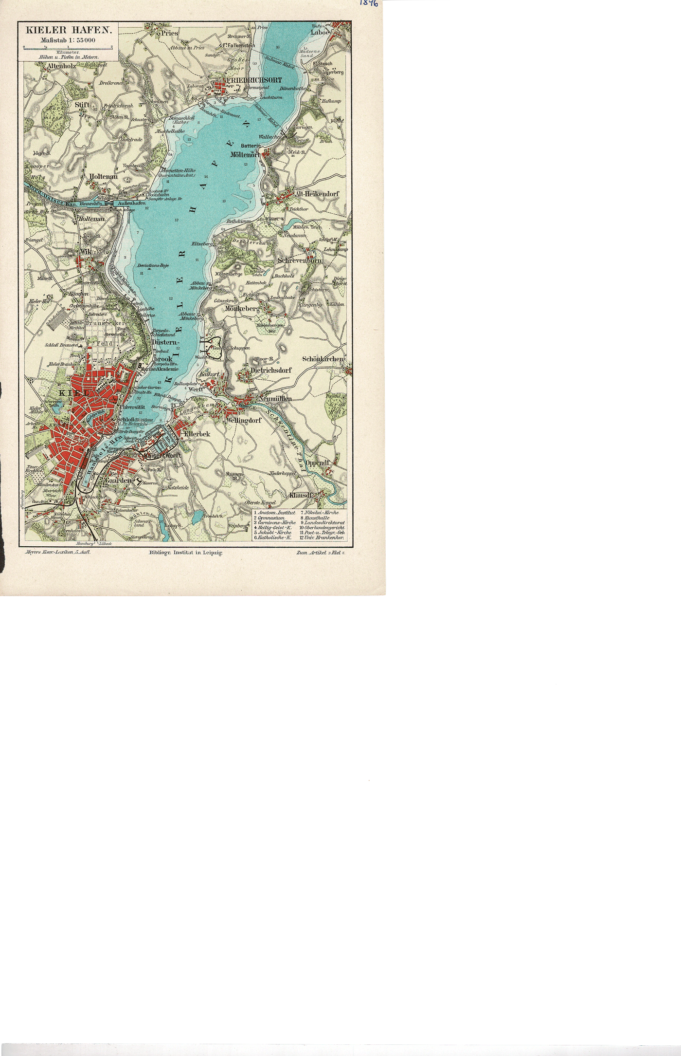 Kiel Germany antique map from Meyer's "Konversations ... " 1896