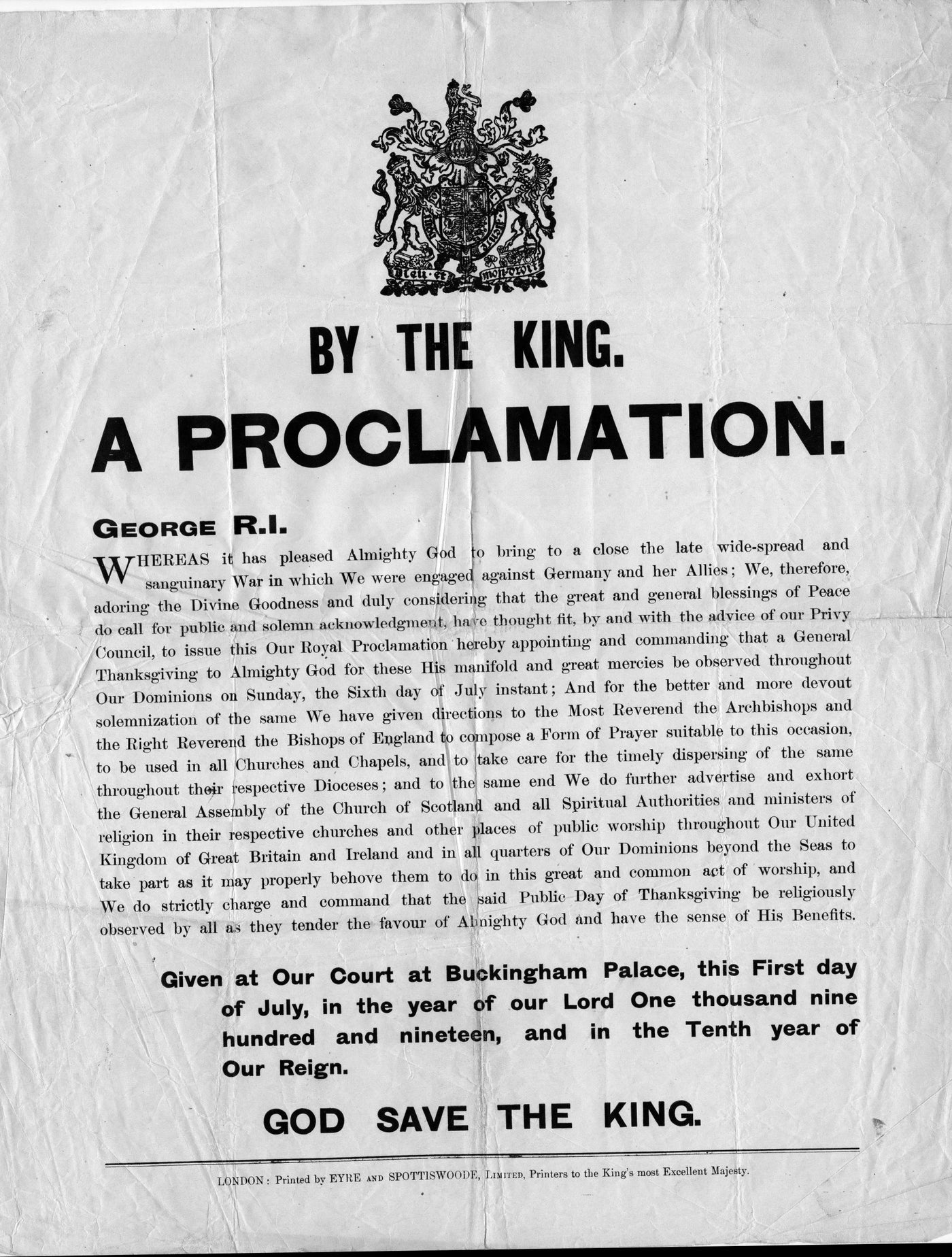 King George V's Proclamation of  a Thanks Giving prayer following WW1