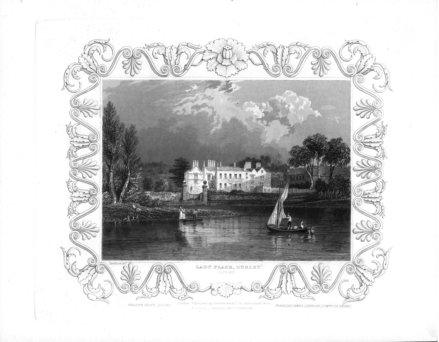 Lady Place Hurley on the River Thames in Buckinghamshire antique print 1840