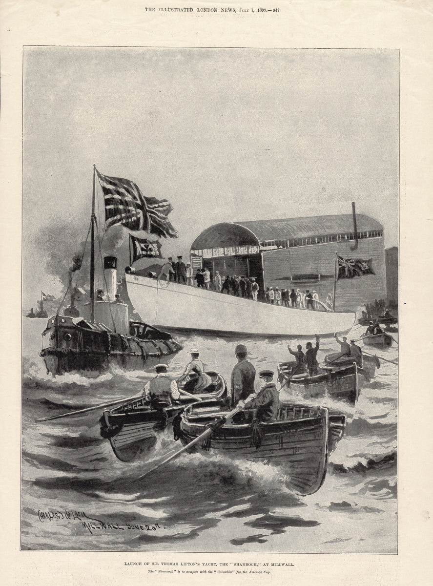 Sir Thomas Lipton's yacht "Shamrock" launched at Millwall antique print 1899