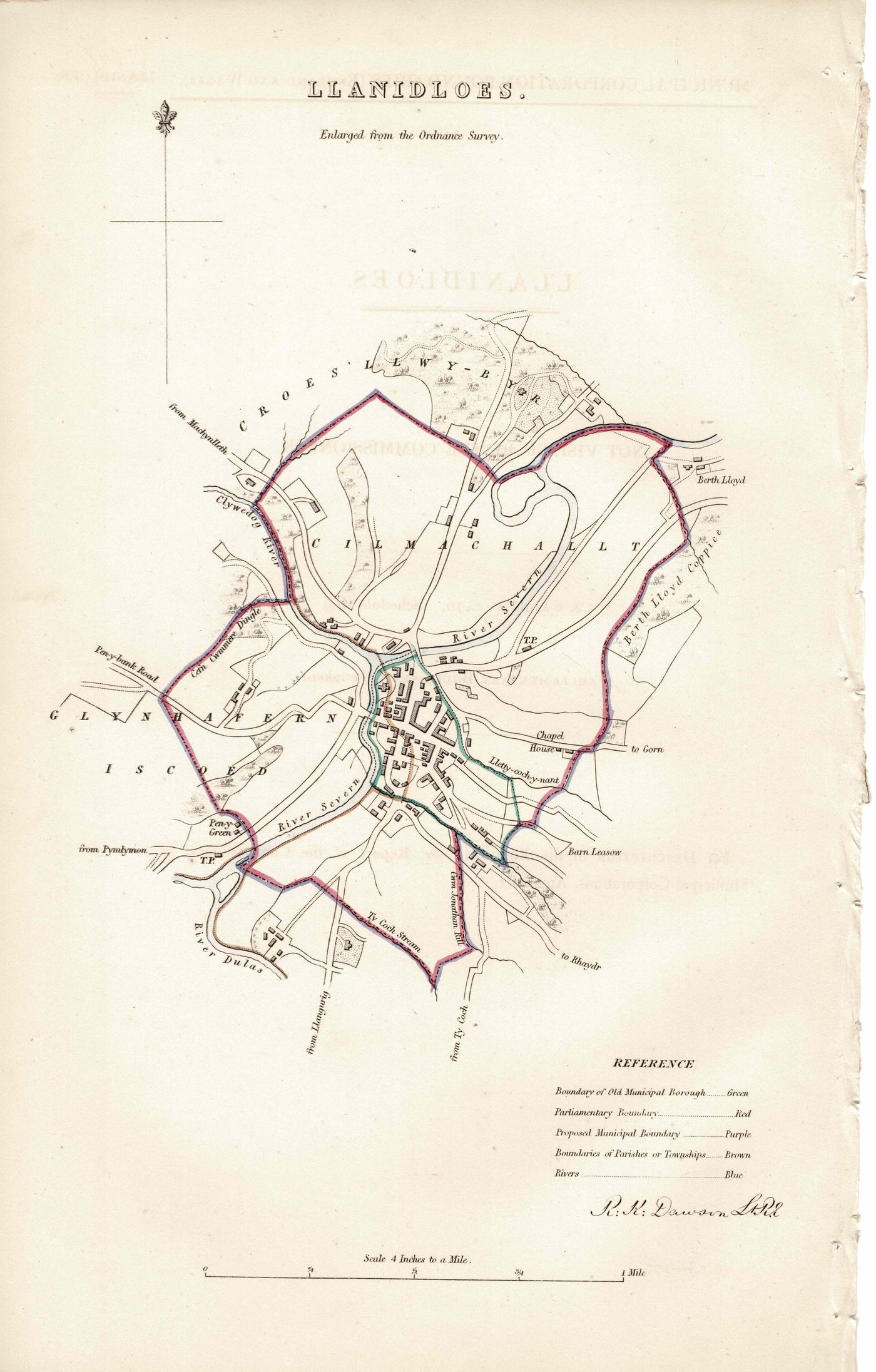 Llanidloes Ordnance Survey Boundary Commission 1837 antique map