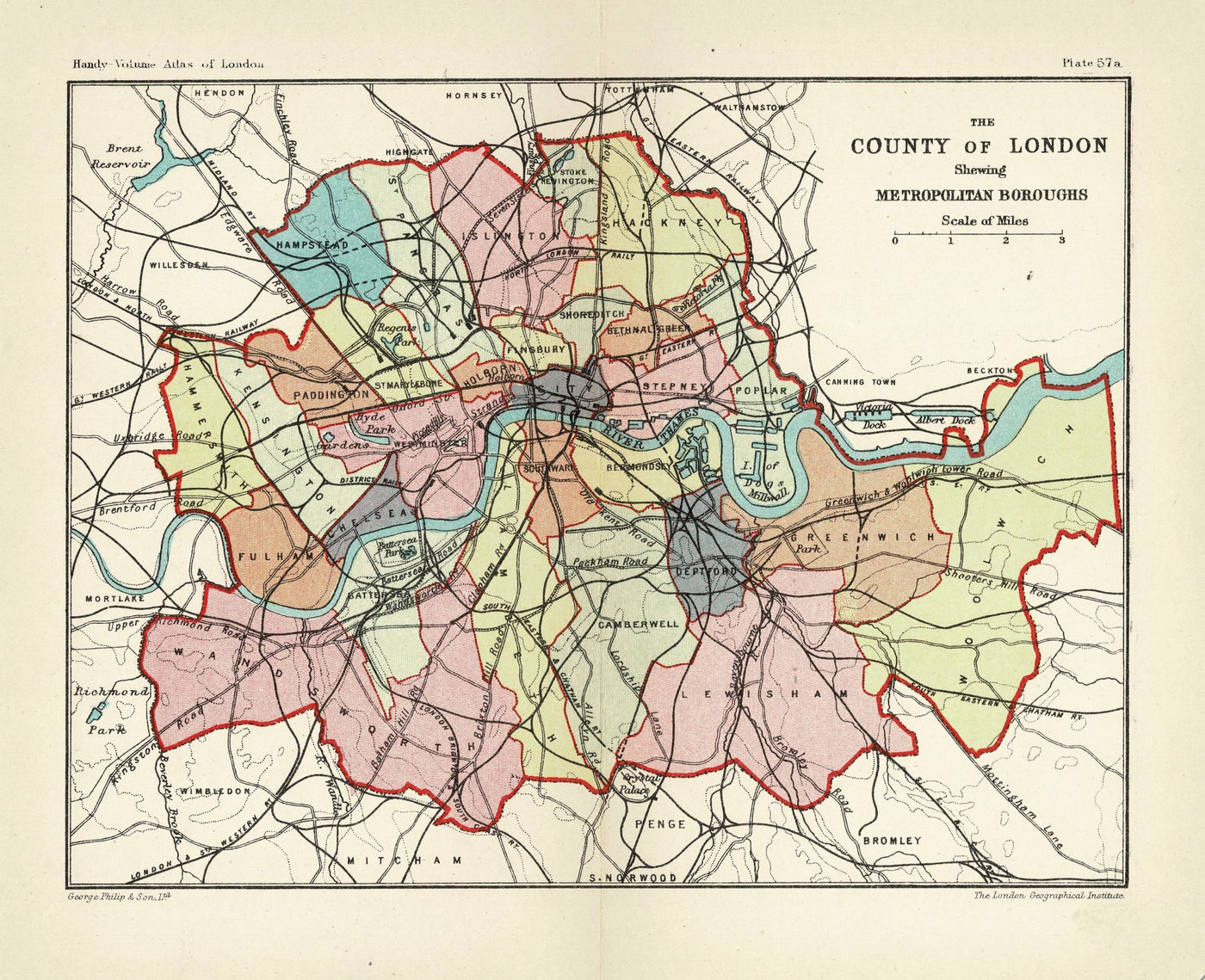 London County Council, Metropolitan Borough Councils antique map 1907