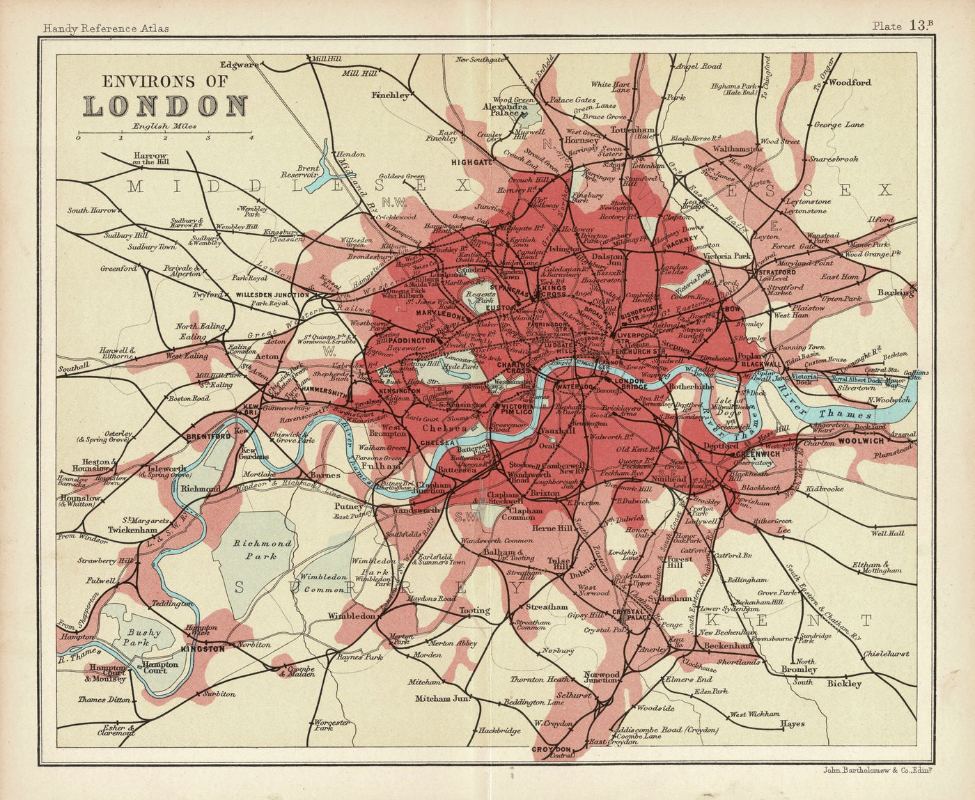 London environs antique map published 1909