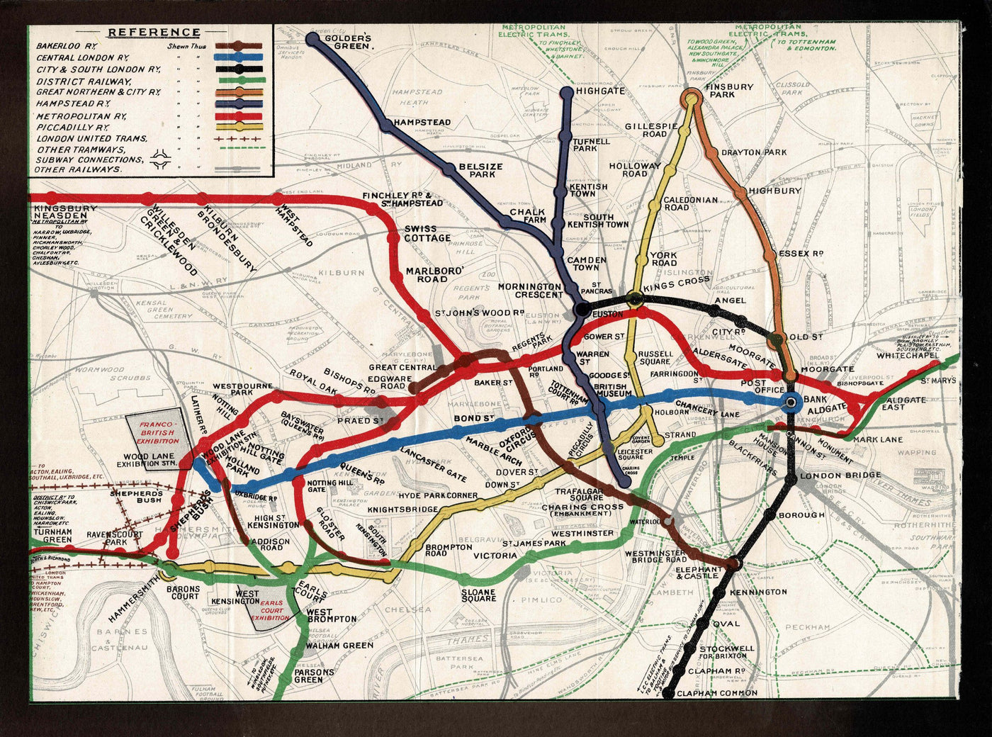 London Railways antique map published 1909