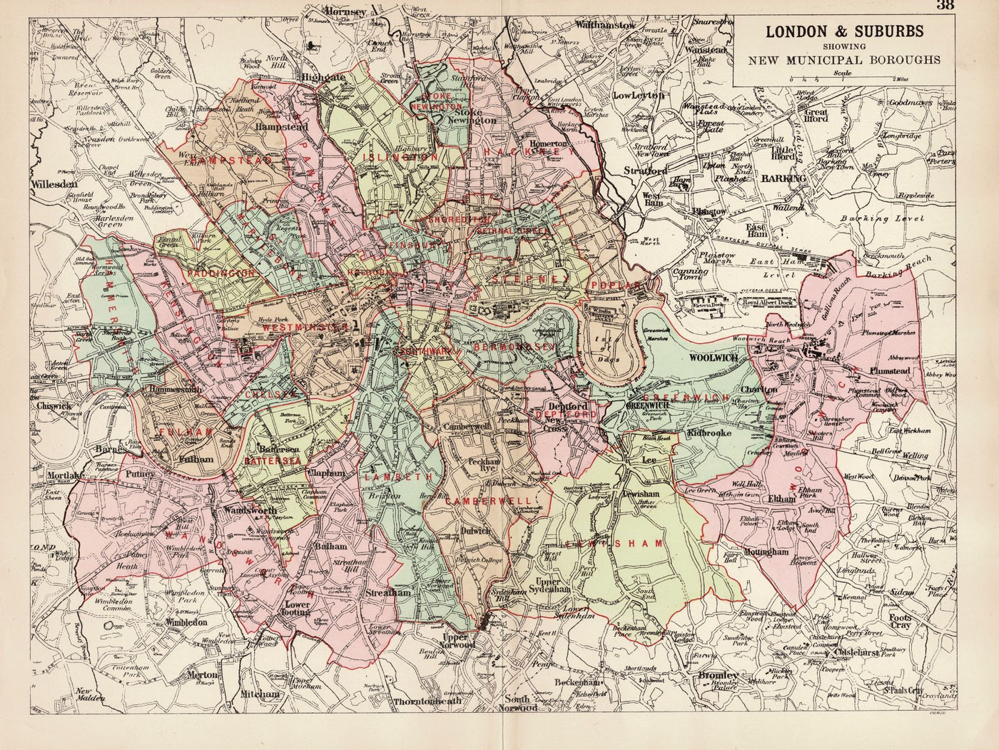London and Suburbs with New Municipal Boroughs antique map 1897