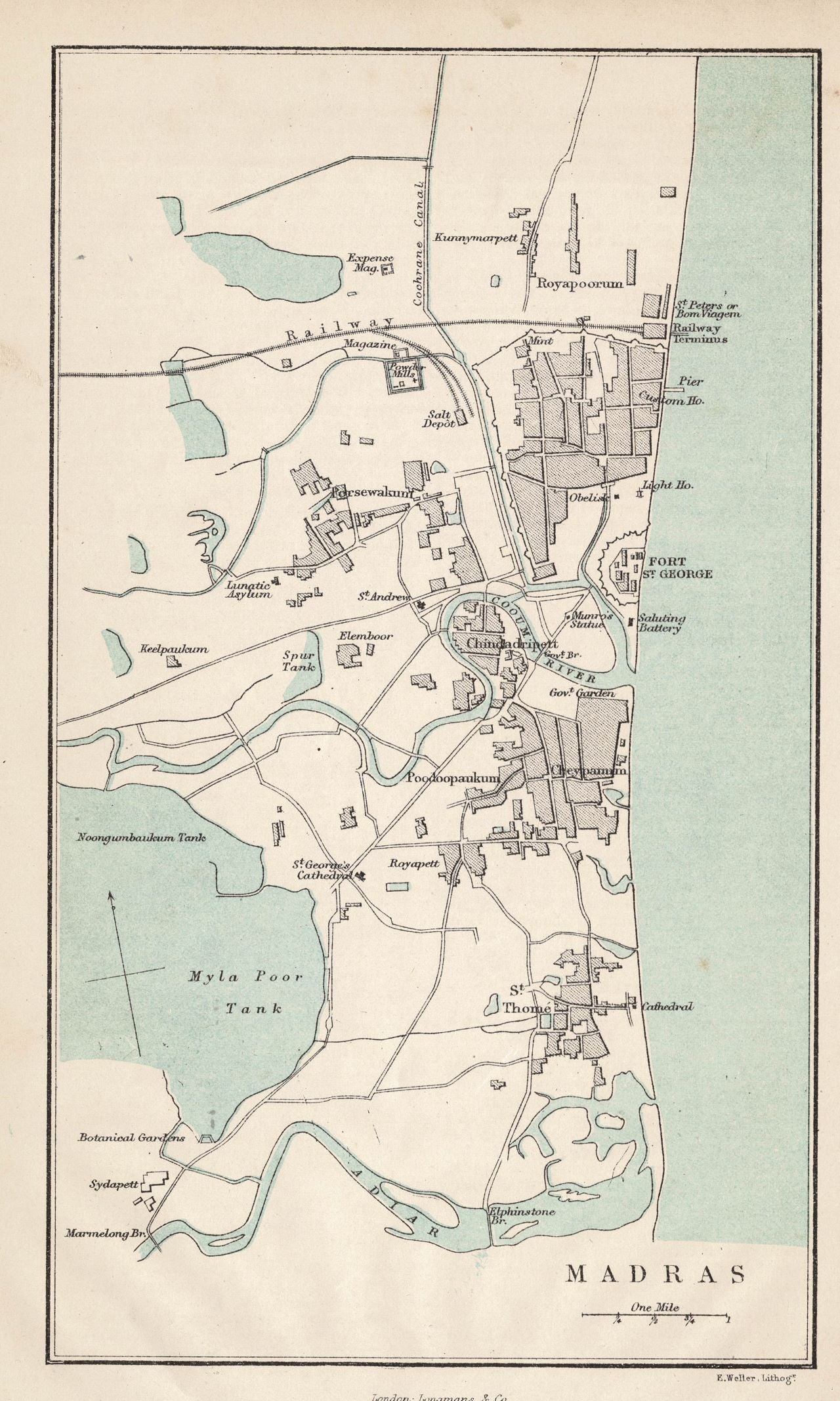 Madras India (now Chennai) guaranteed antique map published 1871