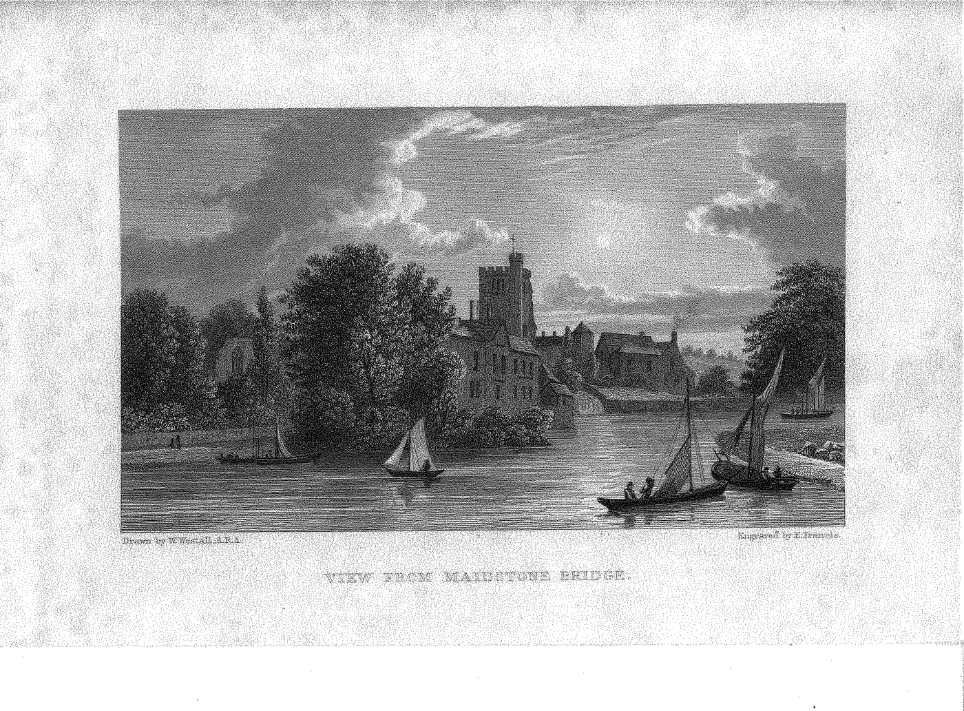 Maidstone Church on the River Medway Kent antique print 1830