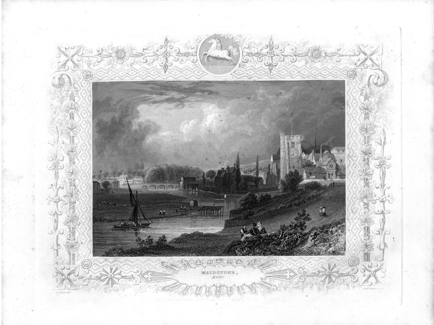 Maidstone Kent on the River Medway antique print 1840
