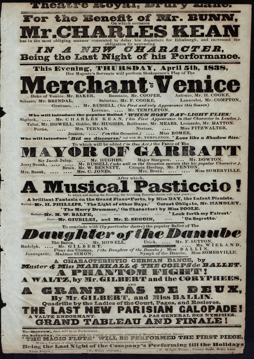 Theatre Royal Drury Lane antique front of house bill 1838