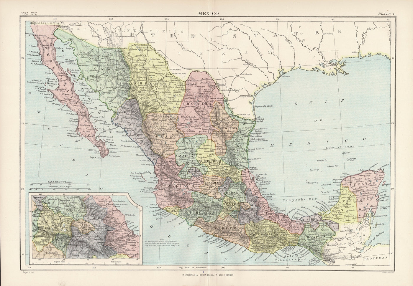 Mexico antique map from Encyclopaedia Britannica 1889