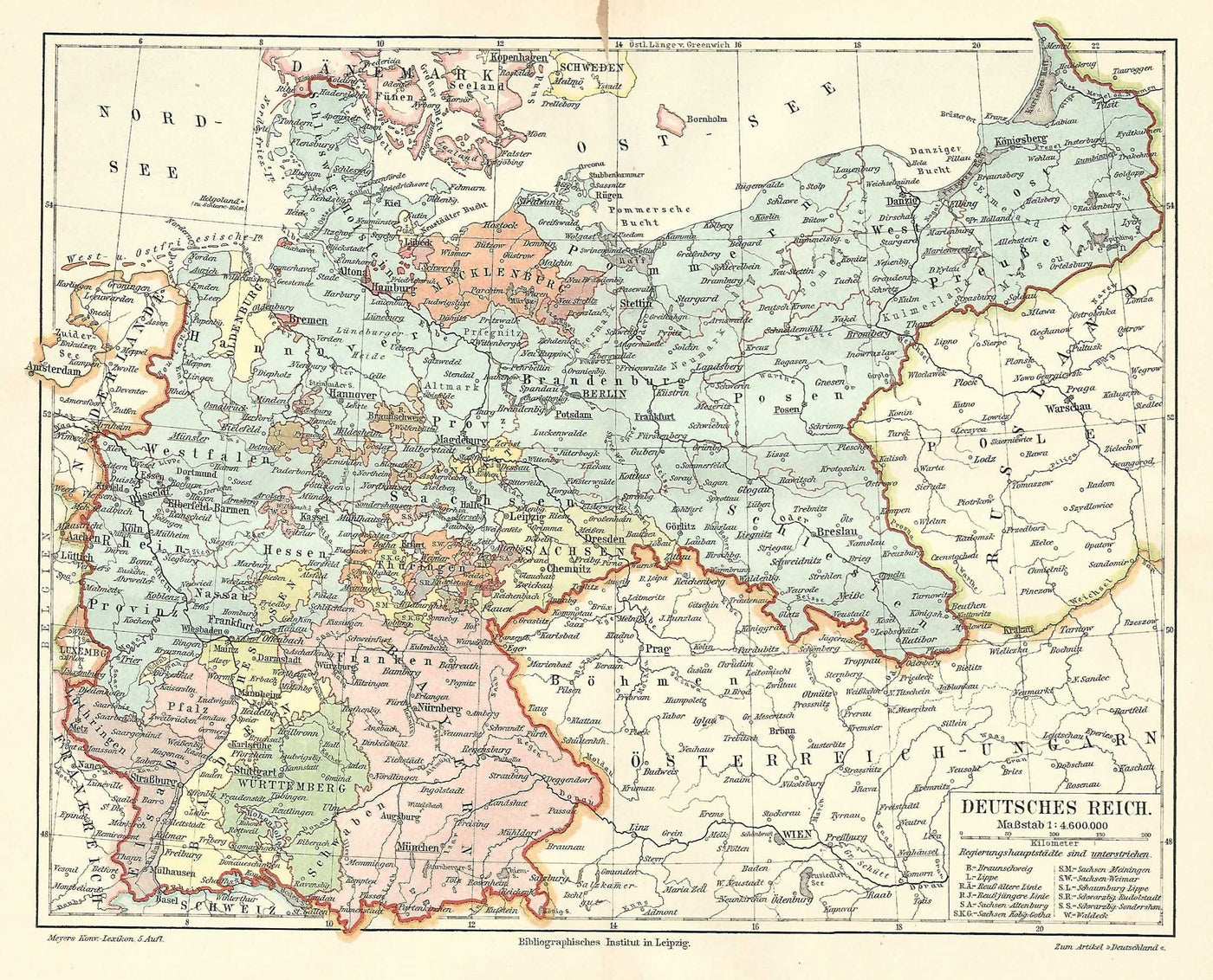Germany (Deutsche Reich) antique map from Meyer's "Konversations ... " 1896