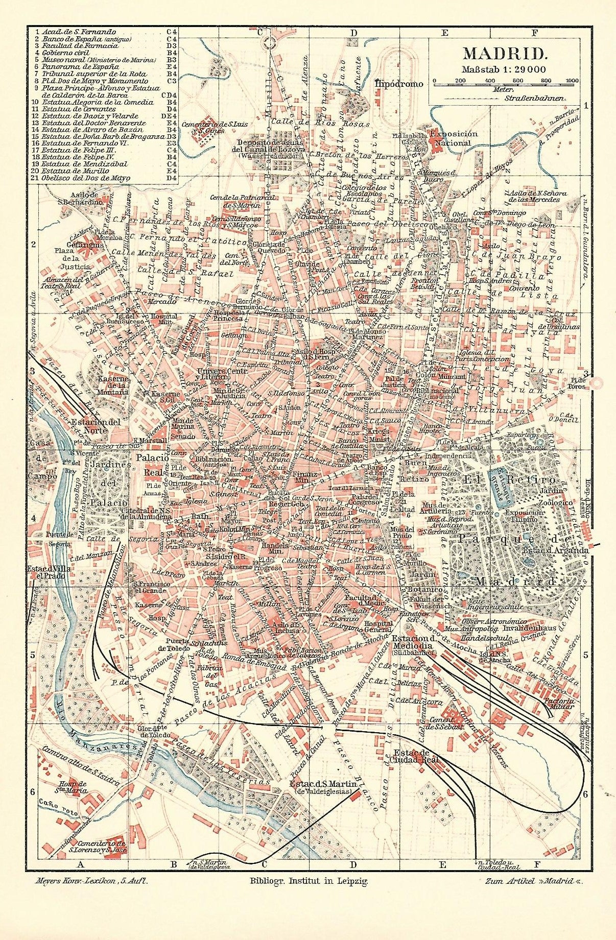 Madrid Spain antique map published 1896 from the 5th edition of Meyer's Konversations