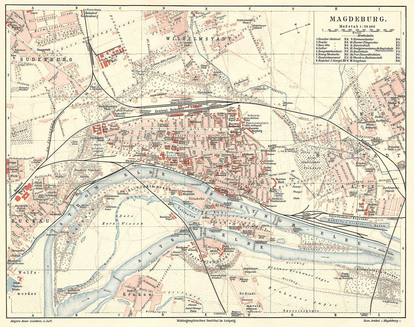 Magdeburg Germany antique map from Meyer's "Konversations ... " 1896