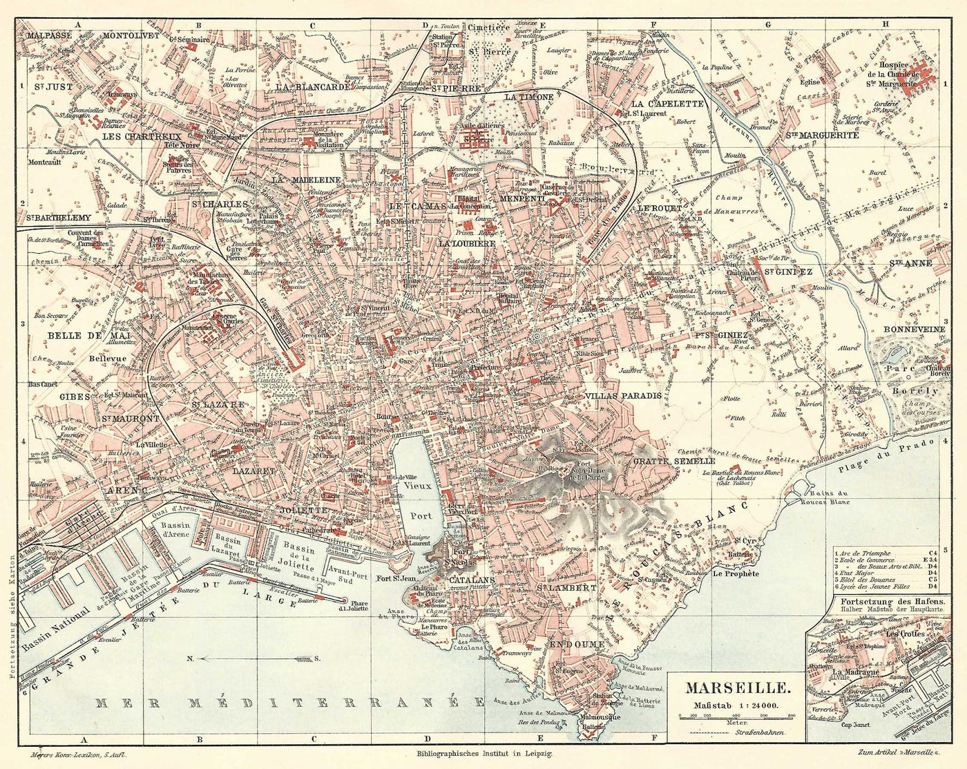 Marsailles (Marseille) Baedeker antique map published 1896