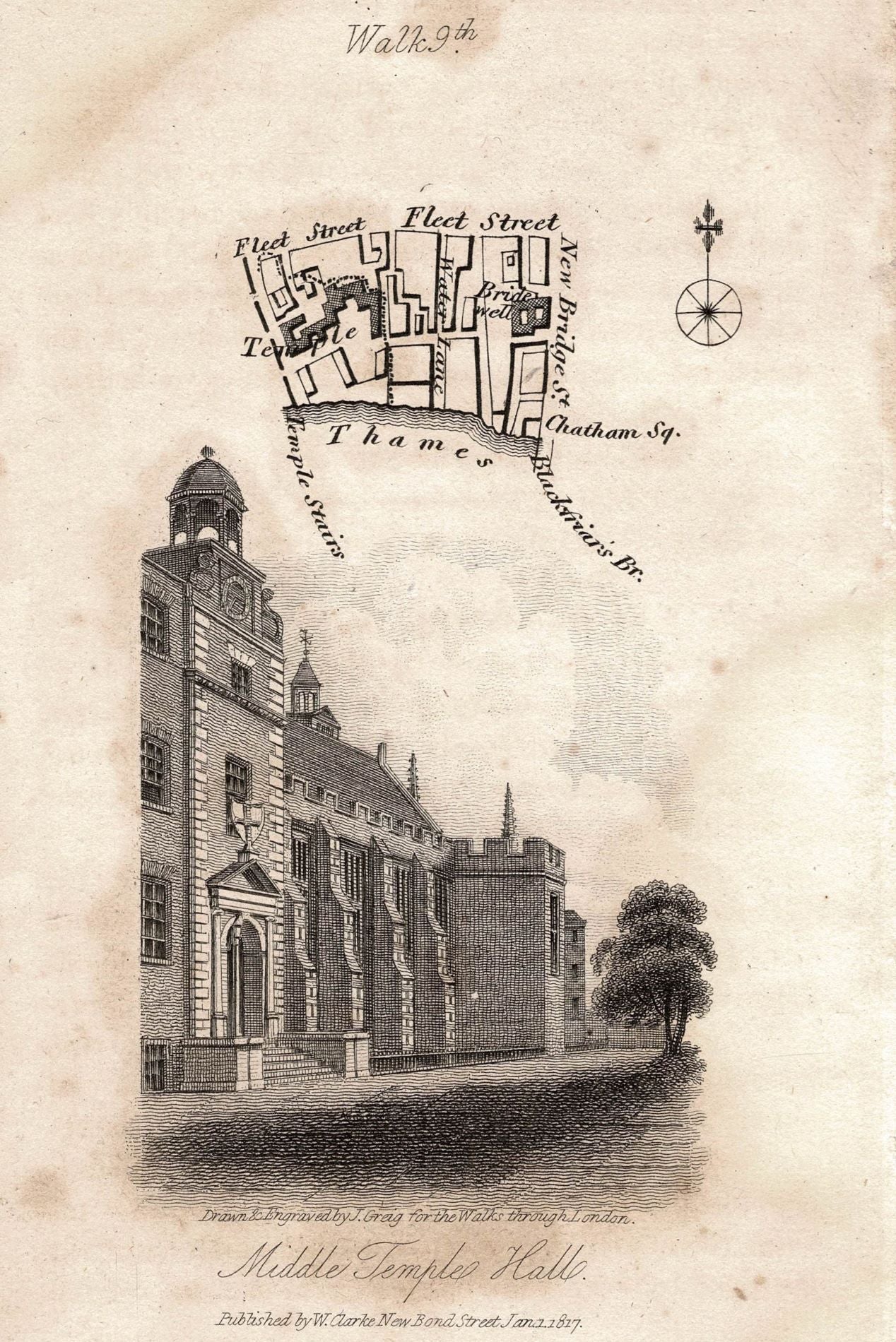 Middle Temple Hall Fleet Street antique print 1817