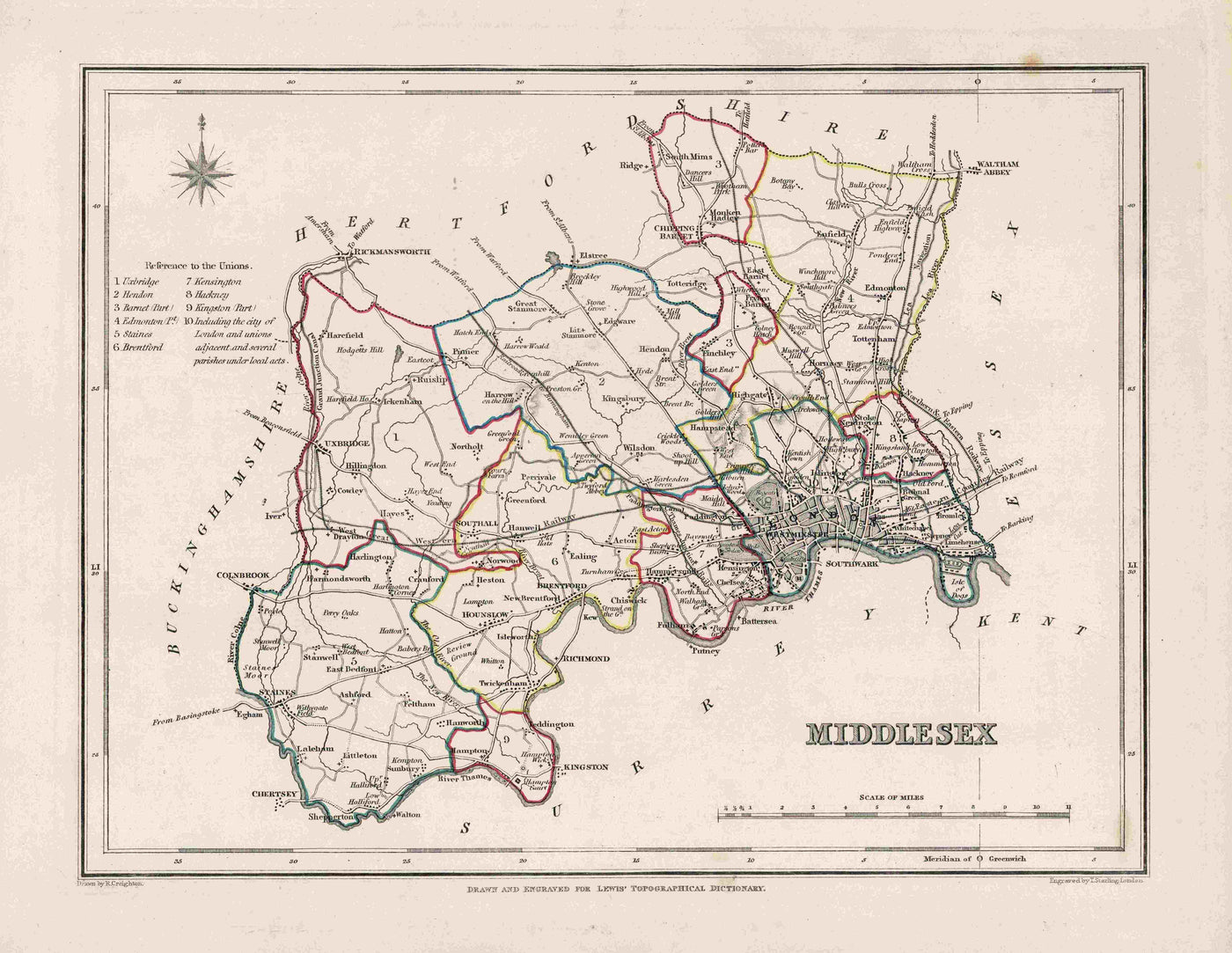 Middlesex antique map published 1835